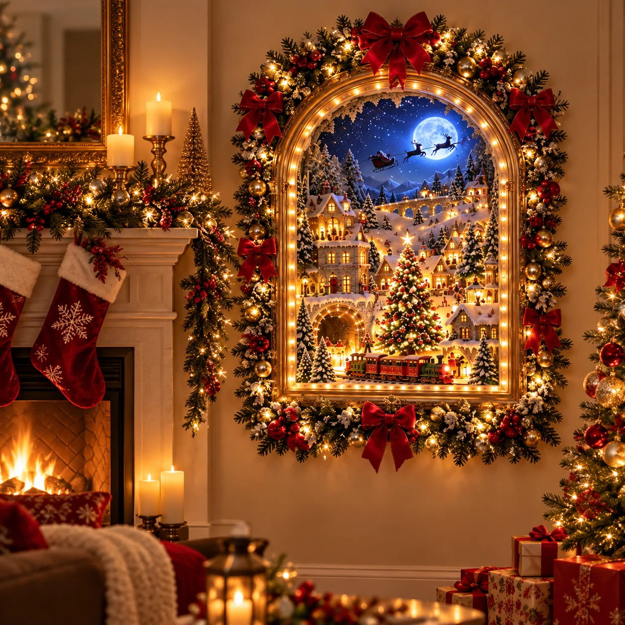Glowing Christmas village wall decoration styled beside a fireplace and Christmas tree