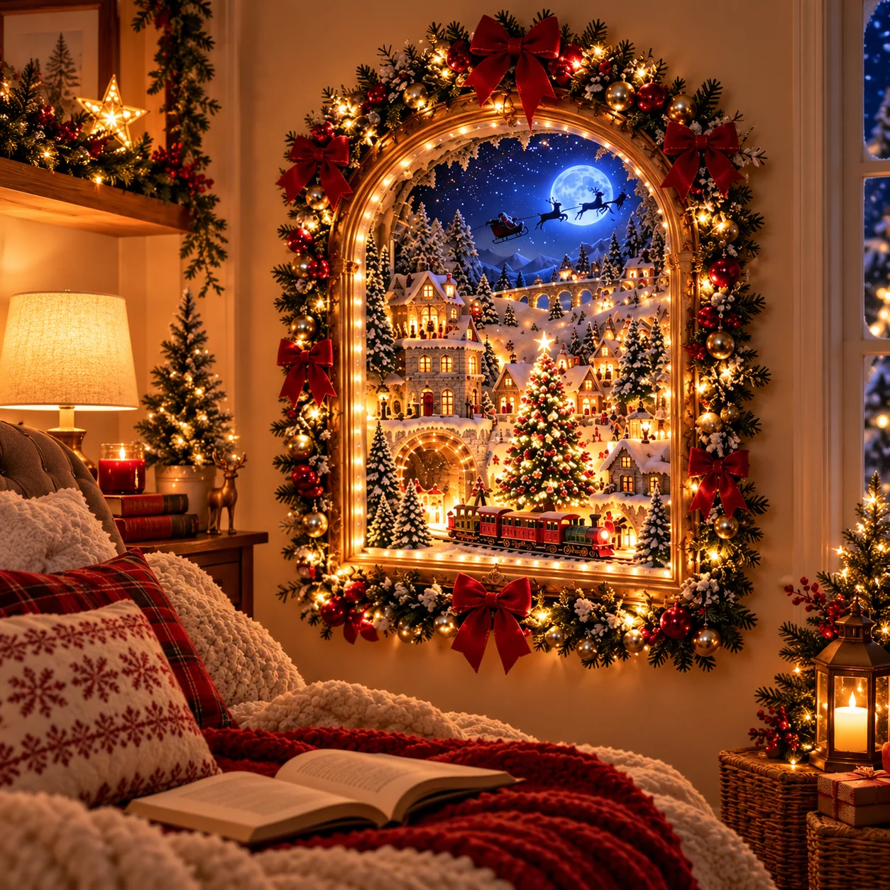 Christmas village wall display bringing a warm festive glow to a cozy reading corner