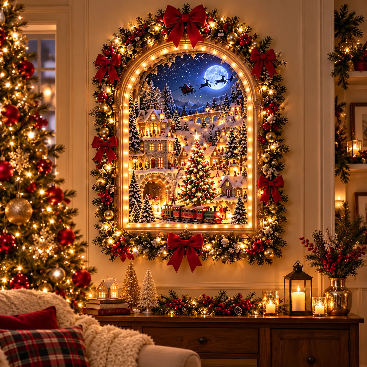 Arched Christmas village display with snowy houses, a red train, Santa's sleigh, and festive greenery