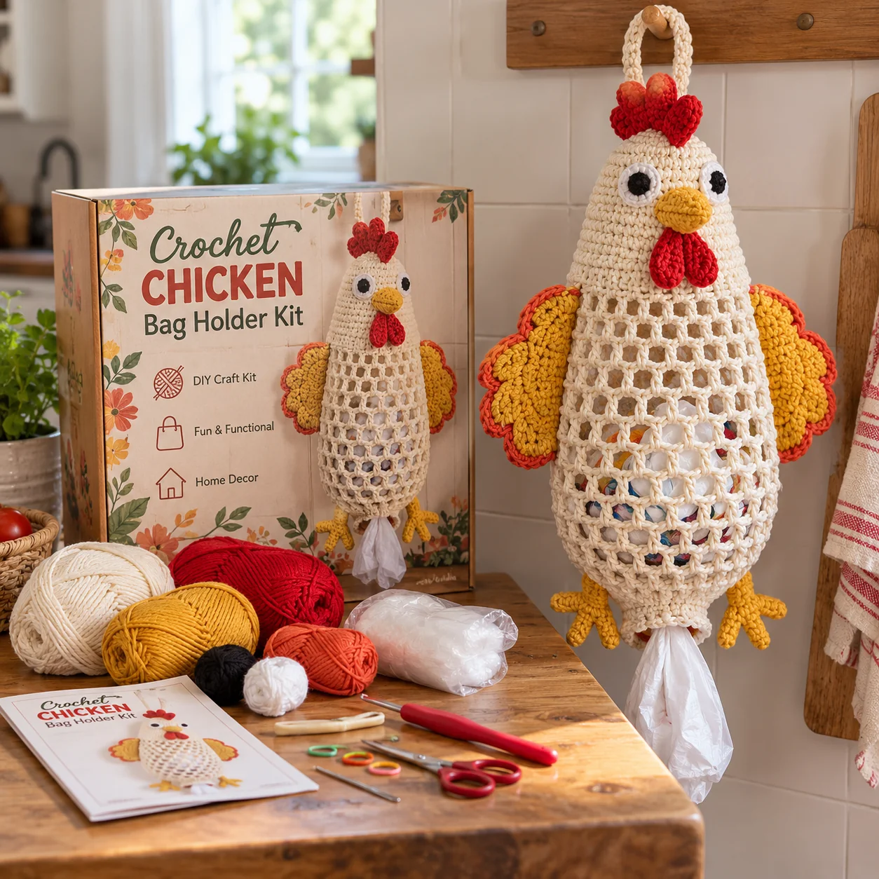 Chicken crochet bag holder kit with yarn, project instructions, and an example of the finished hanging organizer
