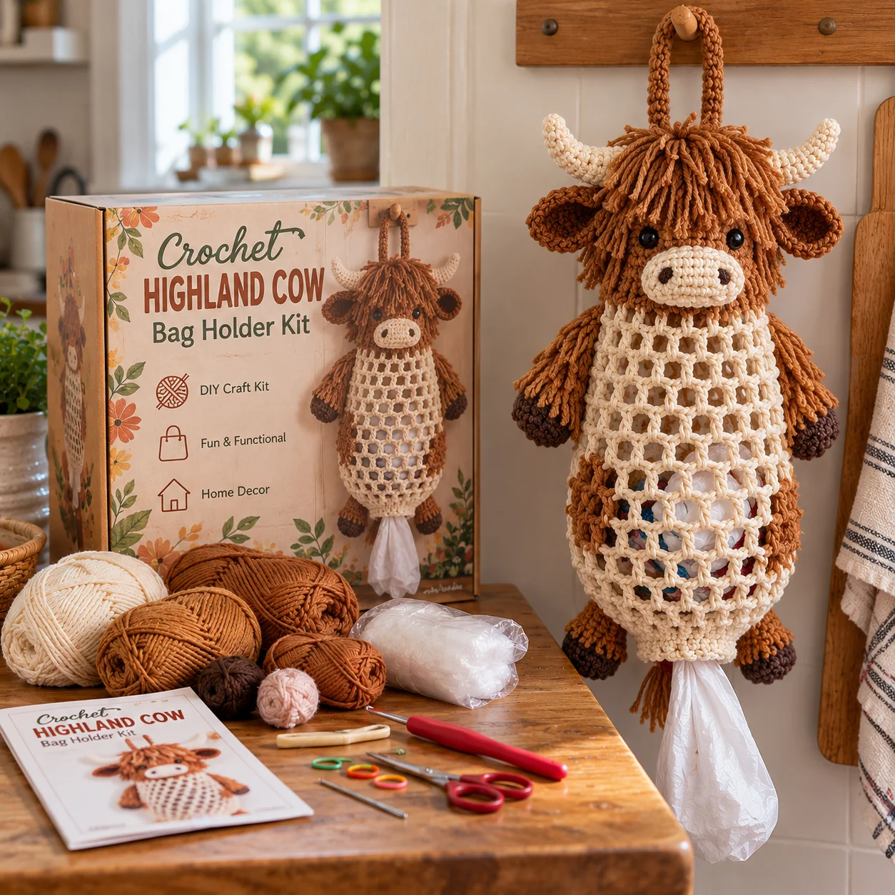 Highland Cow crochet kit with coordinating yarn and a finished bag holder featuring a shaggy mane and horns