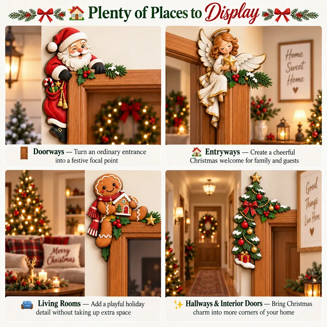 Christmas doorway decorations in different rooms