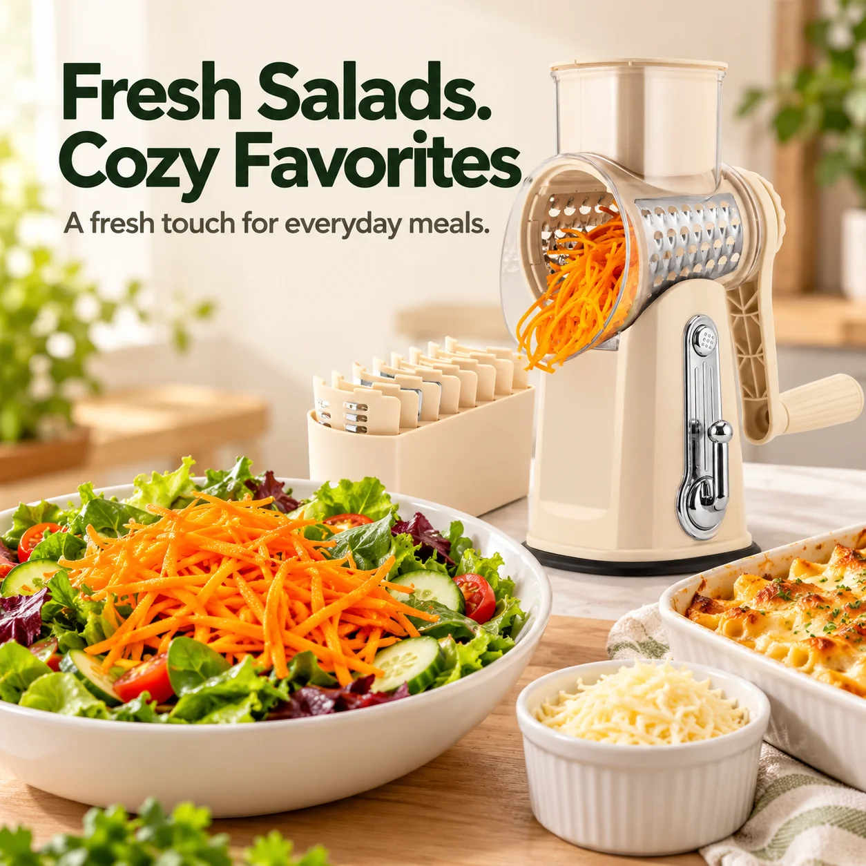Fresh carrot salad and baked pasta beside the cream rotary grater
