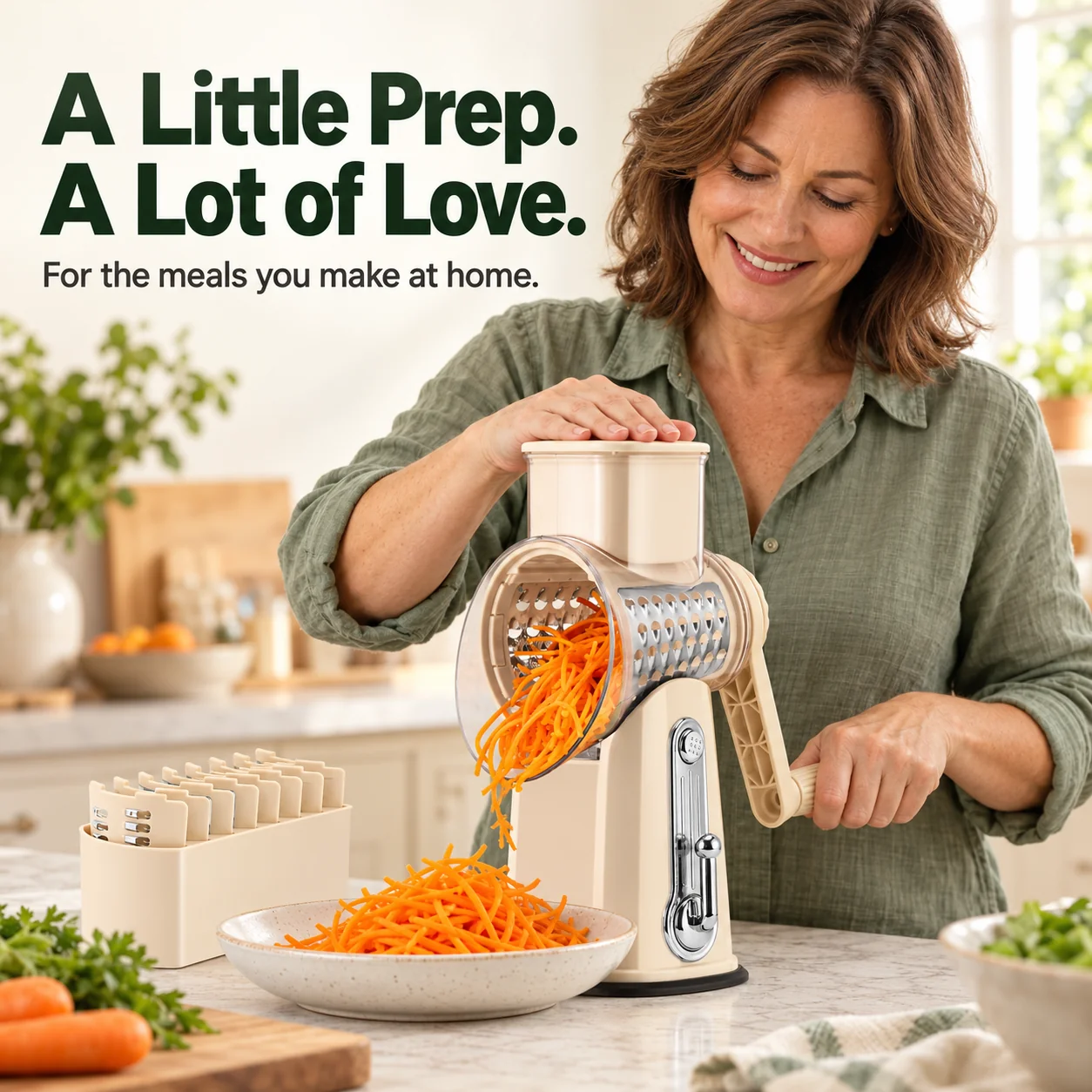 Woman preparing carrot shreds using the food pusher and hand crank in her kitchen