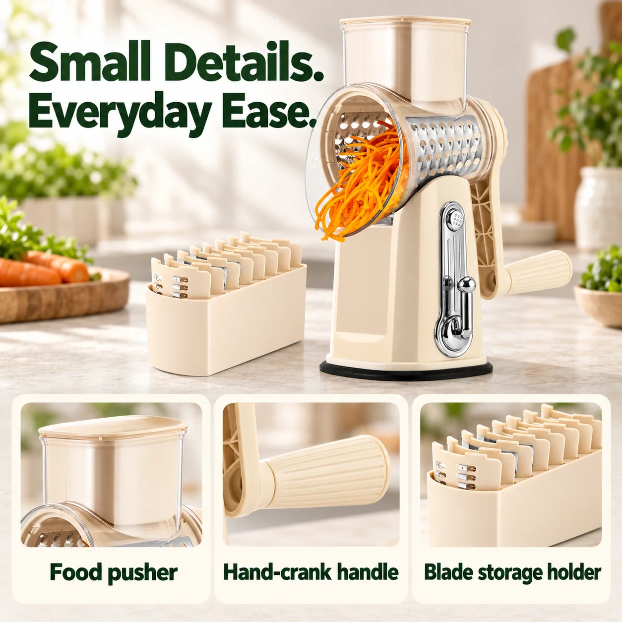 Close-up details of the food pusher, ribbed crank handle and blade storage holder