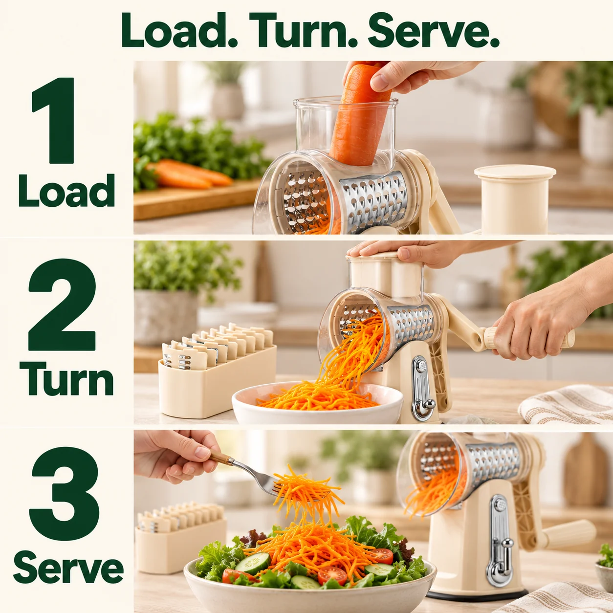 Three steps: load the hopper, turn the handle with the pusher in place, and serve the fresh shreds
