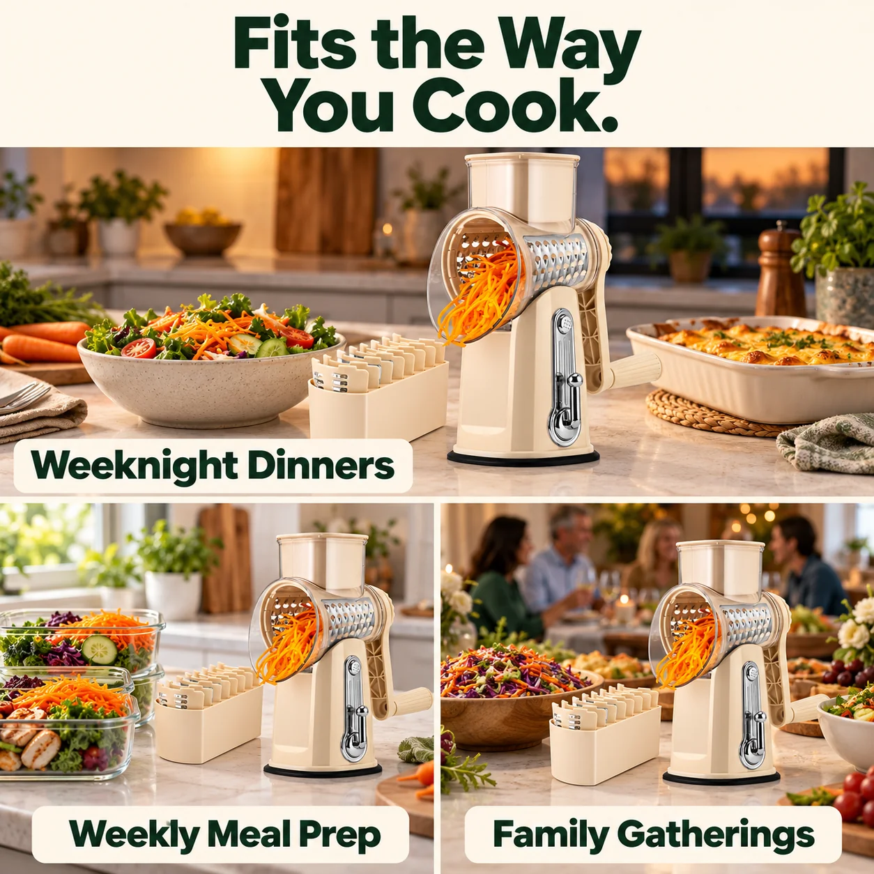 Rotary grater used for weeknight dinners, weekly meal prep and family gatherings