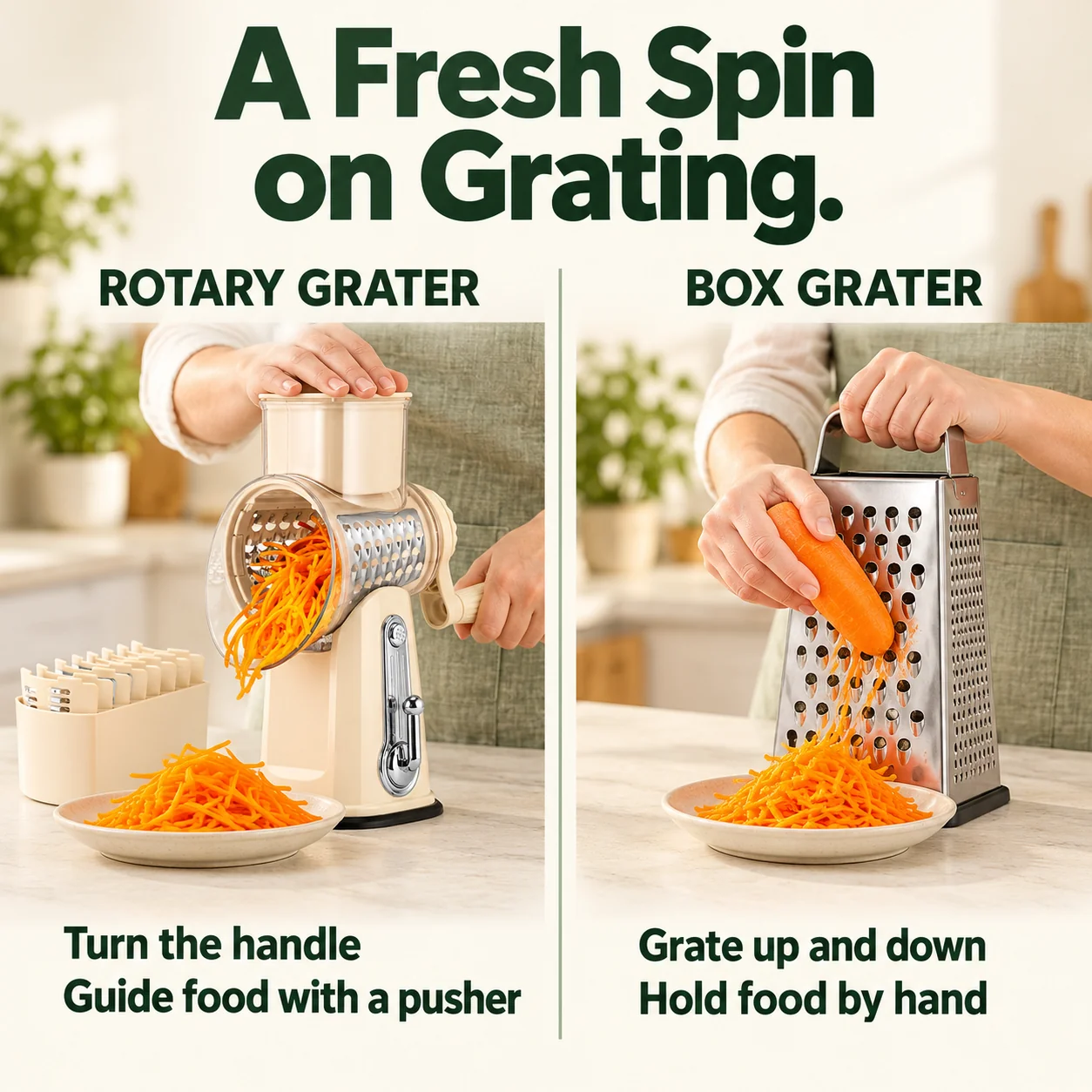 Rotary grater operated with a handle and food pusher compared with a traditional box grater