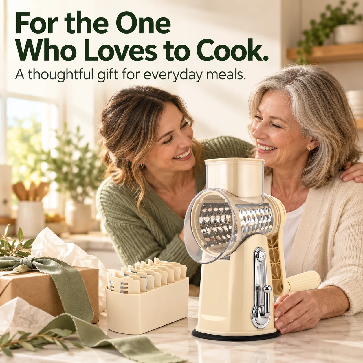 Mother and adult daughter sharing a rotary grater gift in a warm home kitchen