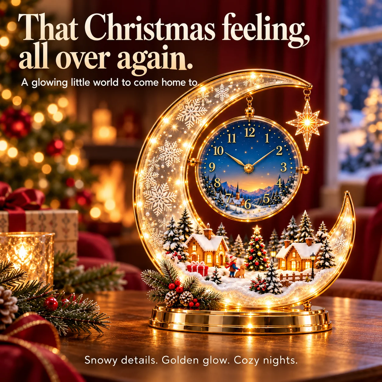 Winter Moon Christmas clock with a glowing crescent, snowy village and gold-tone details