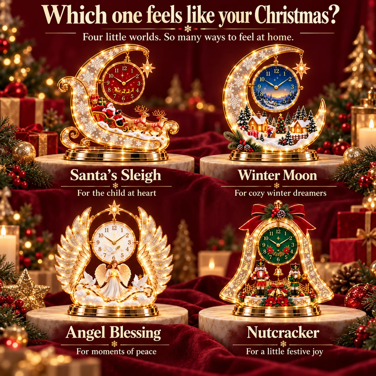 Four designs: Santa's Sleigh, Winter Moon, Angel Blessing and Nutcracker