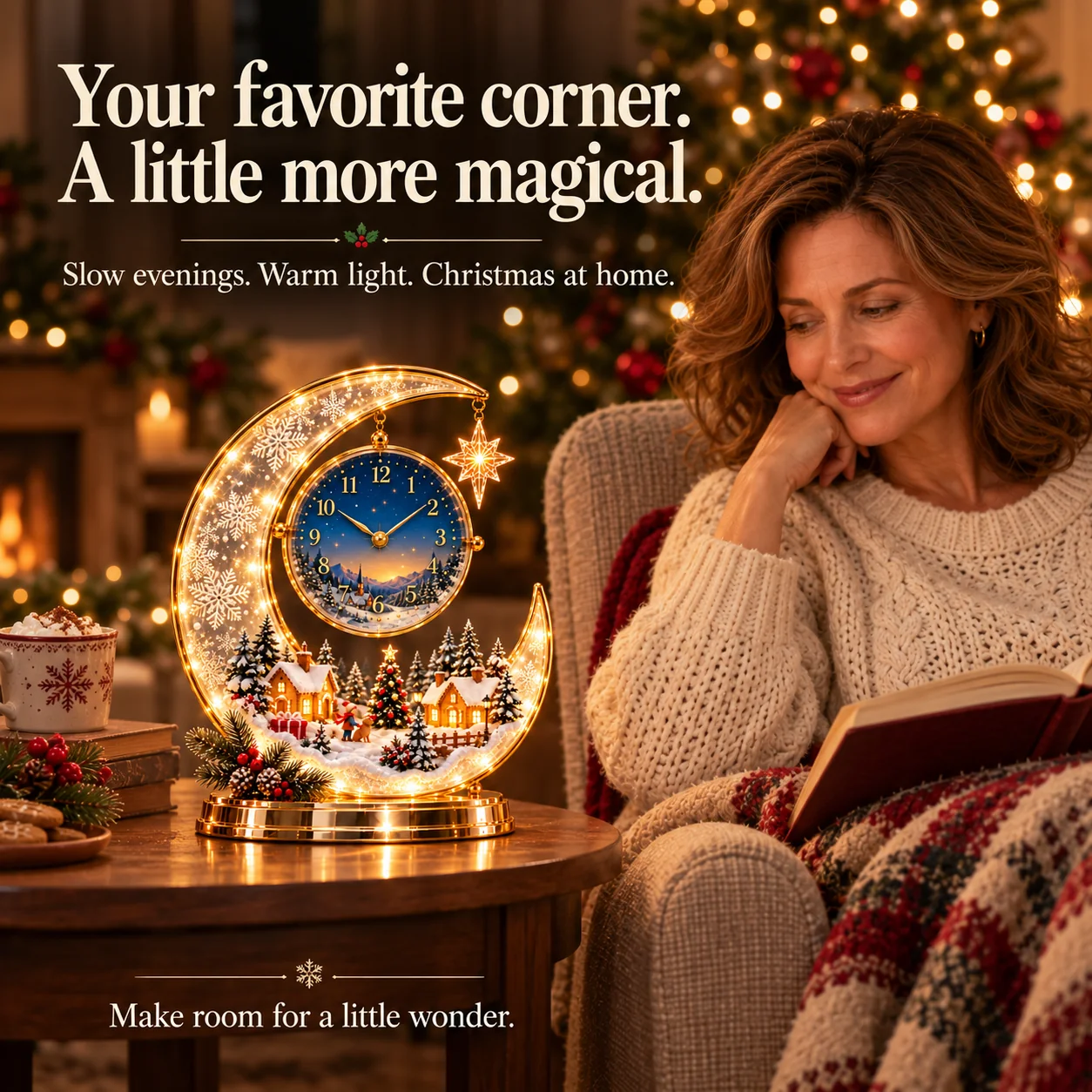 Winter Moon clock on a side table beside a woman reading in a cozy Christmas living room