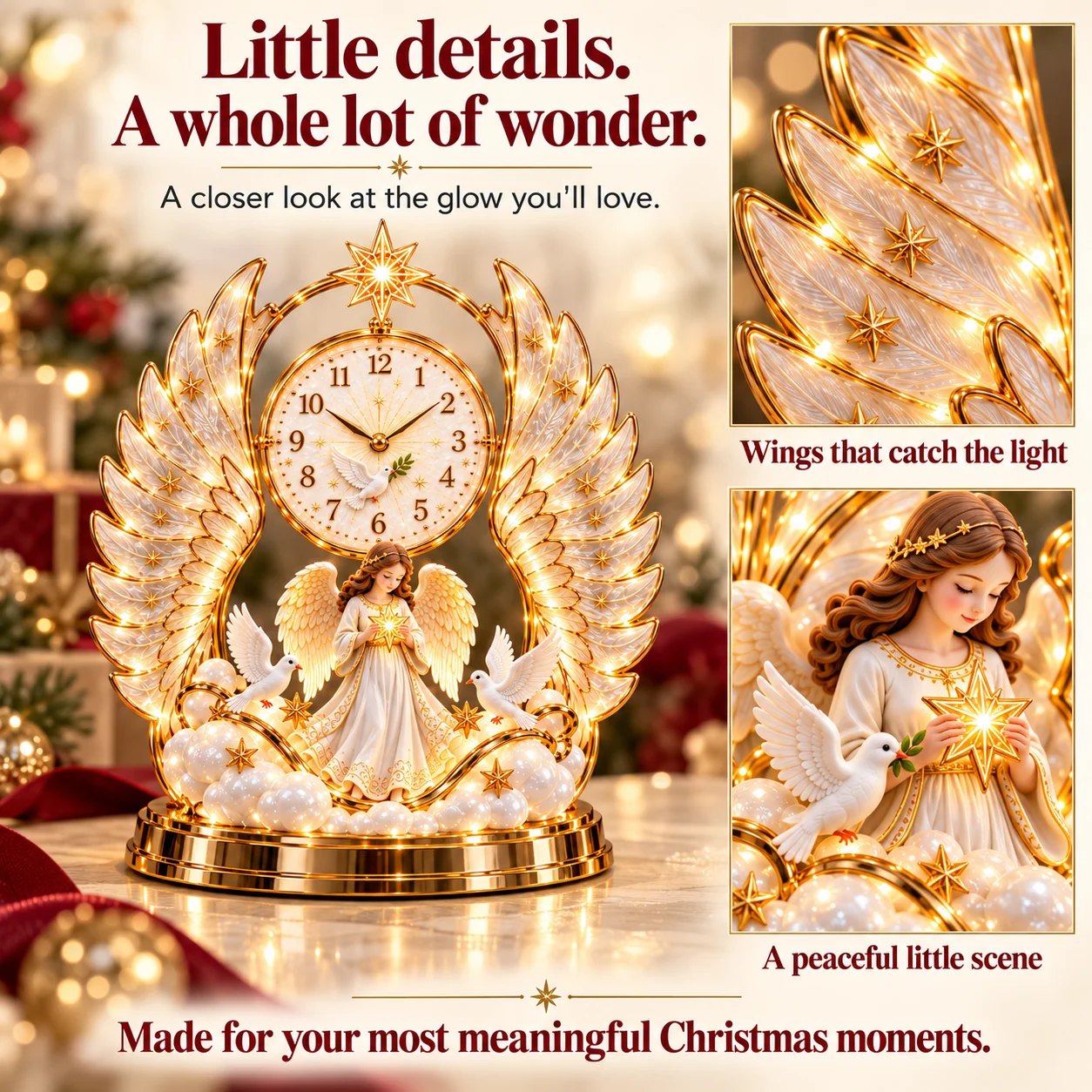 Angel Blessing clock close-ups showing layered wings, stars, an angel and doves