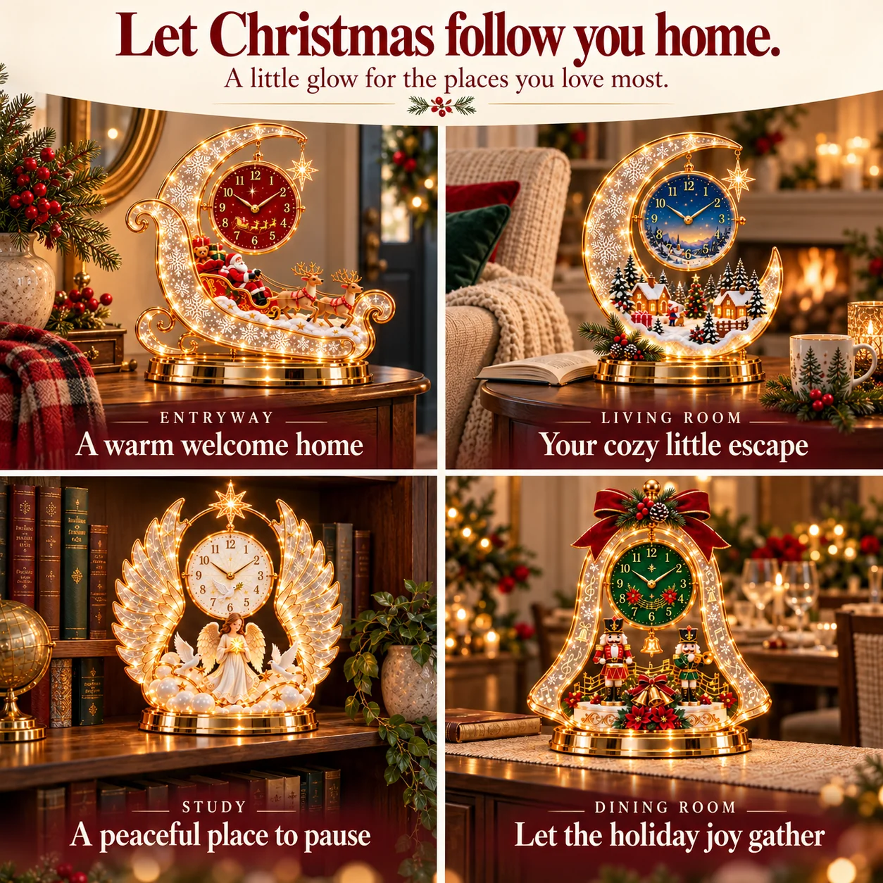 Christmas clock decorating ideas for an entryway, living room, study and dining room
