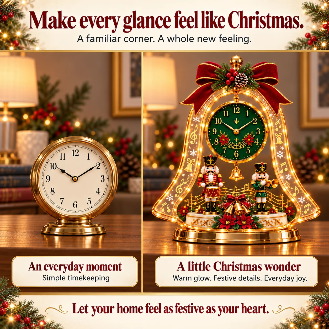 An everyday tabletop clock beside the festive glowing Nutcracker design