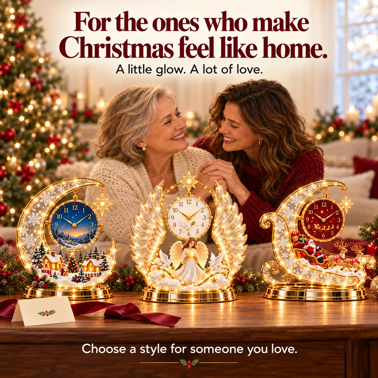 Mother and daughter sharing a Christmas moment with Winter Moon, Angel Blessing and Santa's Sleigh clocks on the table