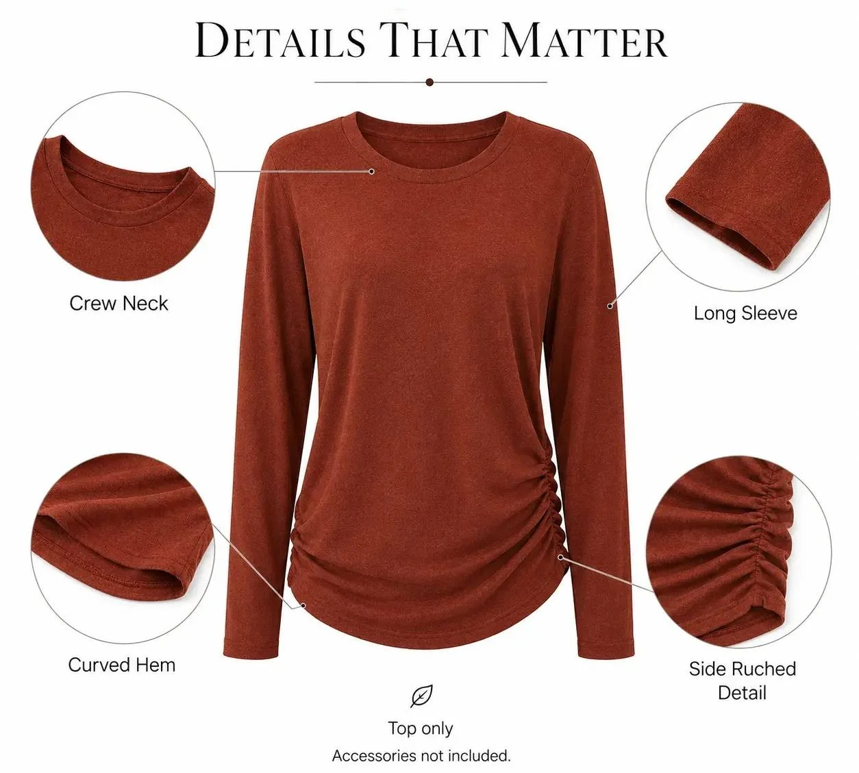 Detail diagram showing the crew neck, long sleeves, curved hem and side ruching