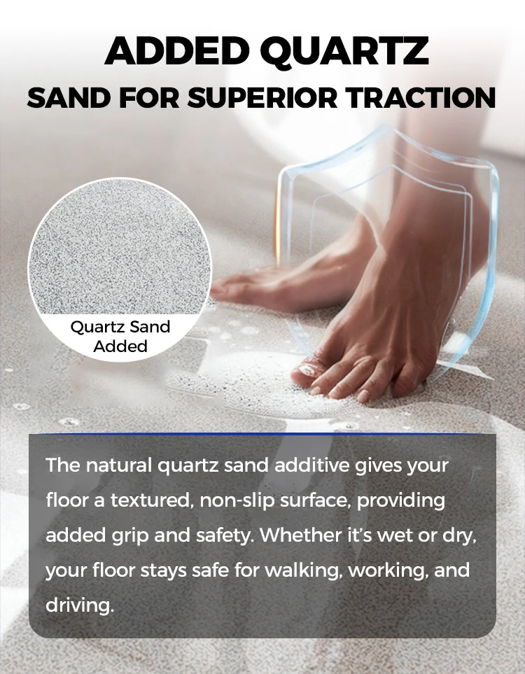 Quartz mineral texture in epoxy floor coating for enhanced traction