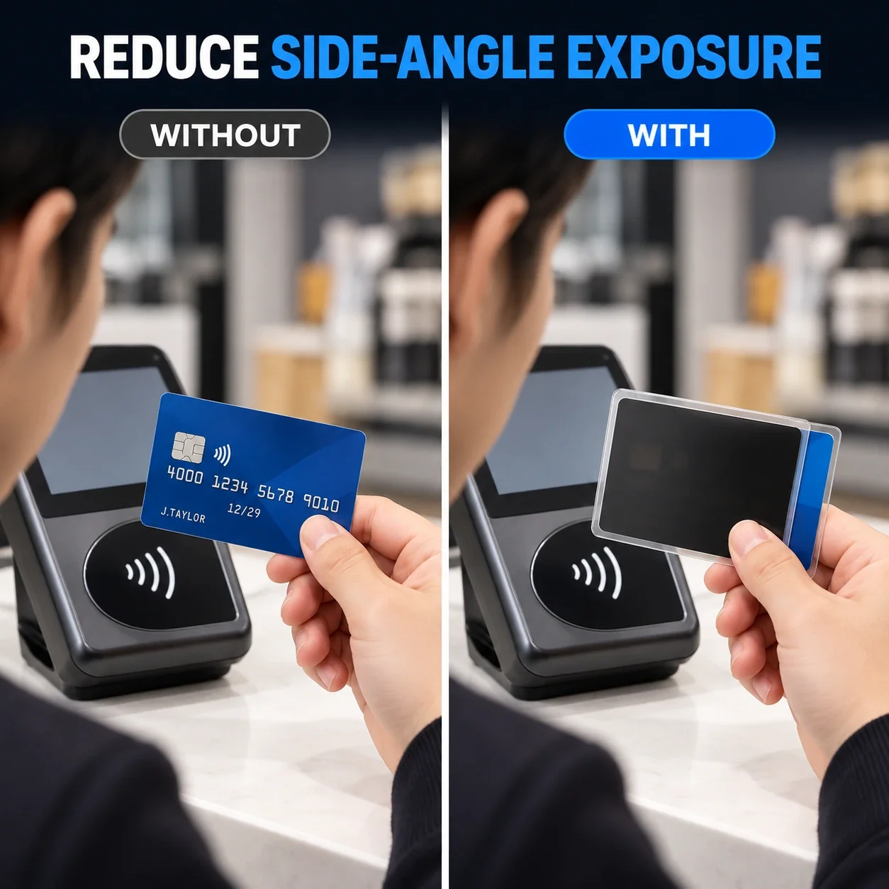 Comparison of card details viewed from the side without and with the privacy card sleeve