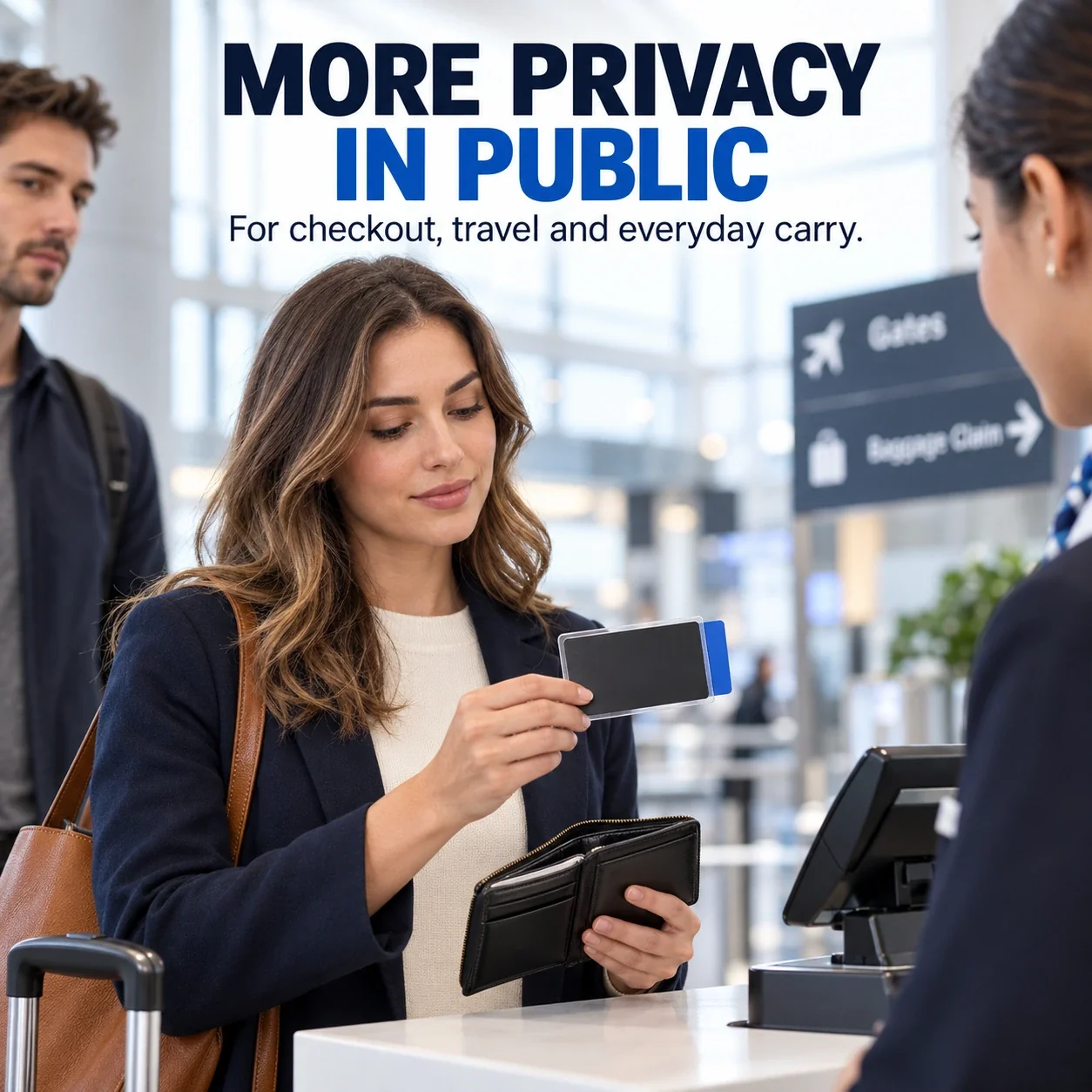 Traveler using a privacy card sleeve at a public checkout counter