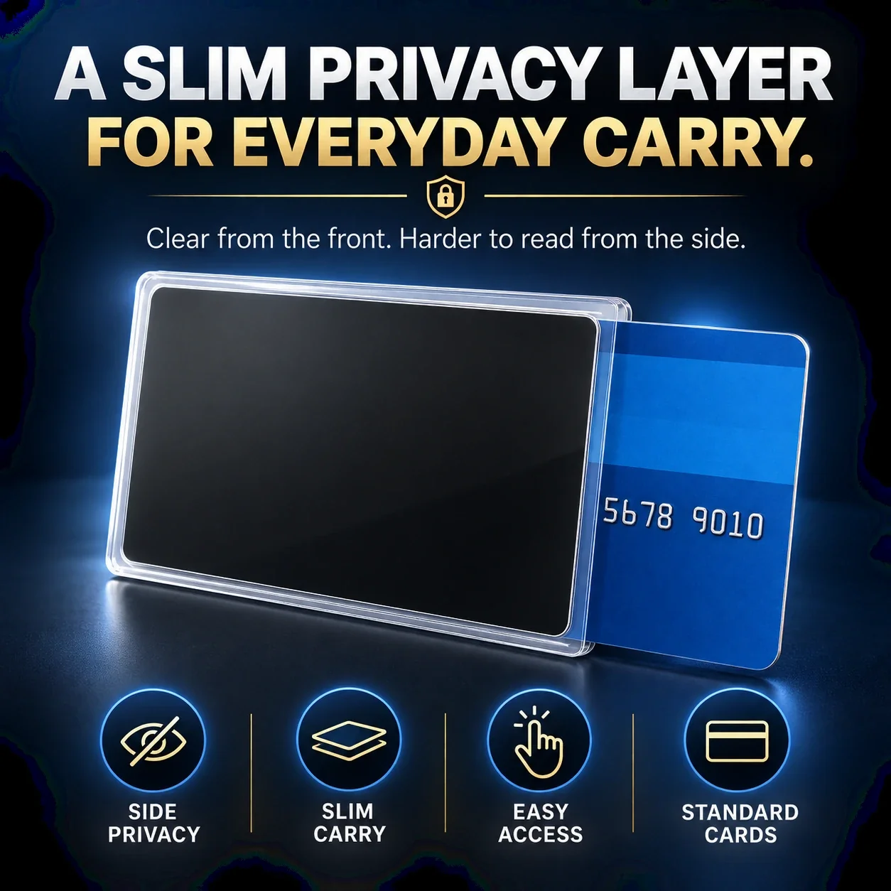 Summary of privacy sleeve benefits including side privacy, slim carry, easy access, and standard card compatibility