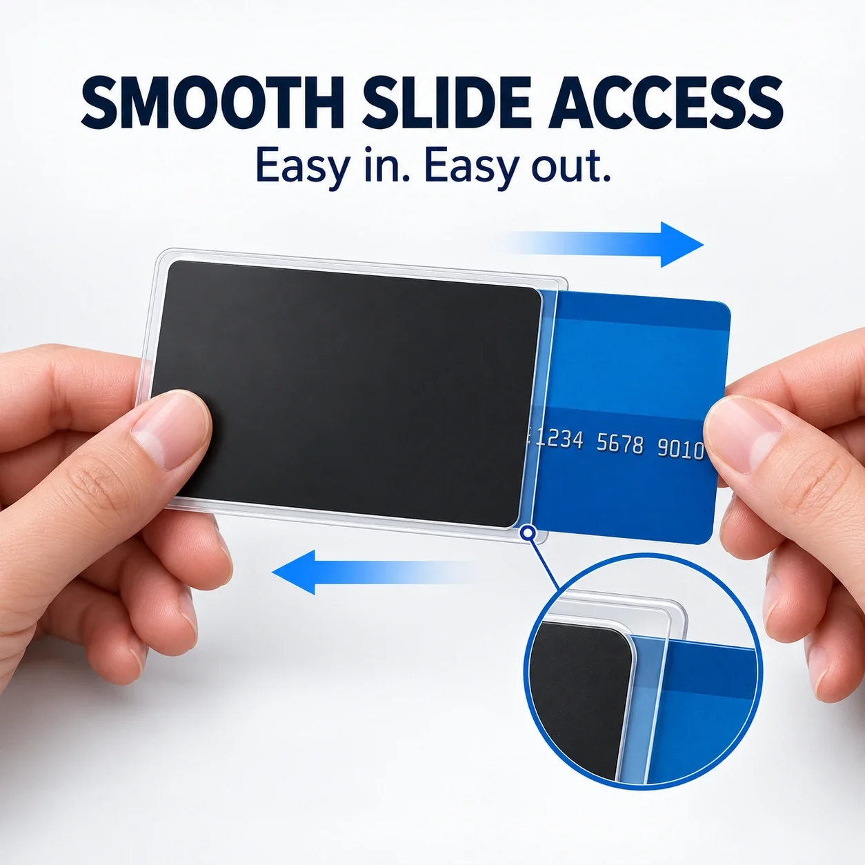 Card sliding smoothly in and out of the privacy sleeve