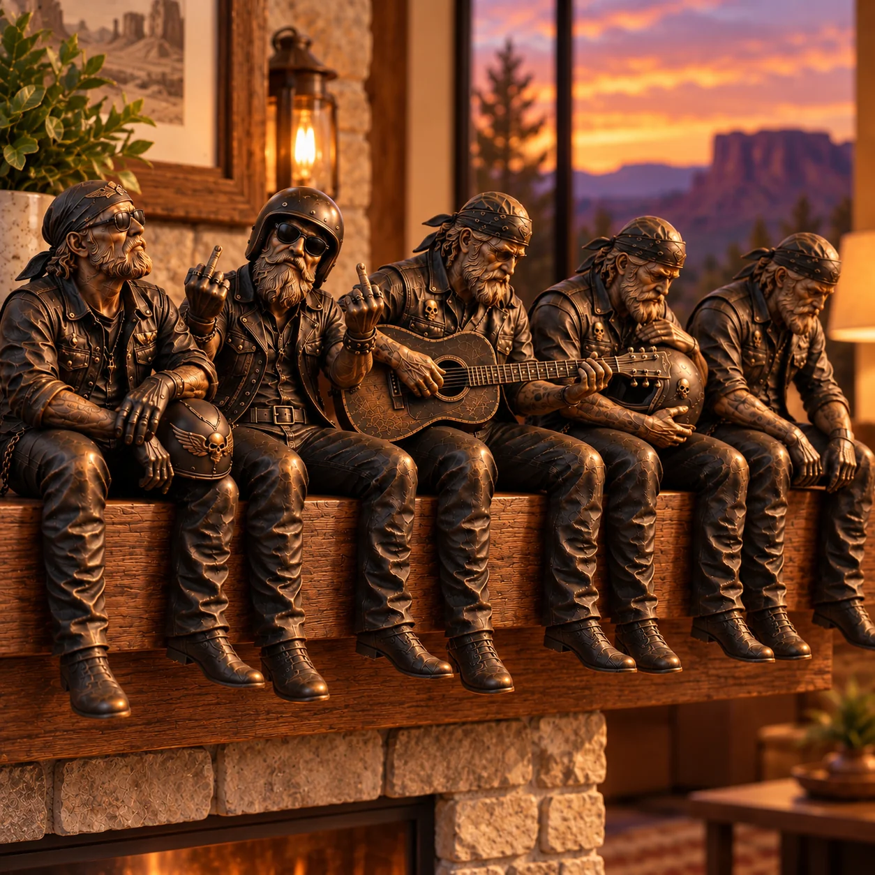 All five Old Biker Soul figurine styles sitting along a rustic wooden shelf with their boots hanging over the edge