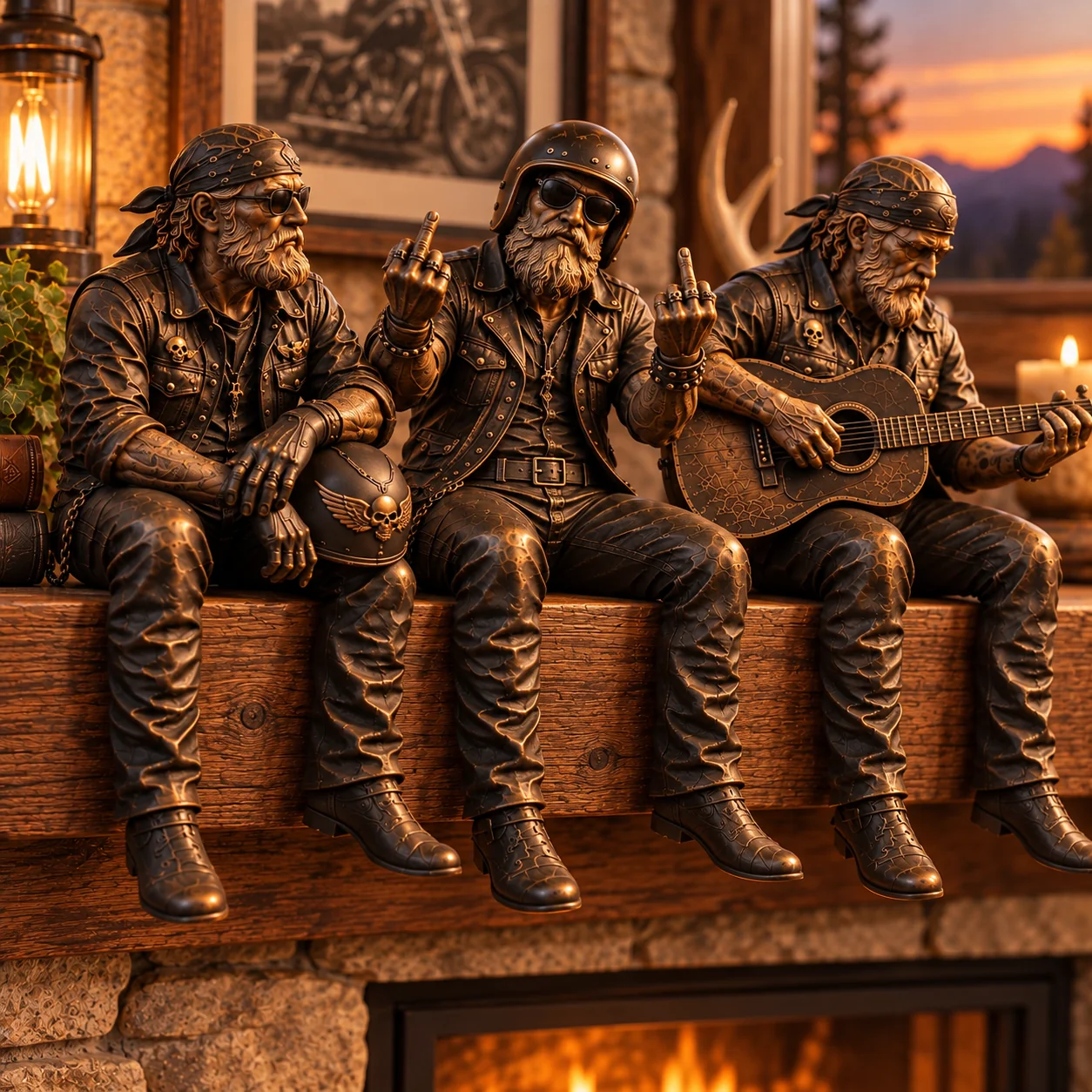 Three biker shelf sitter figurines displayed together