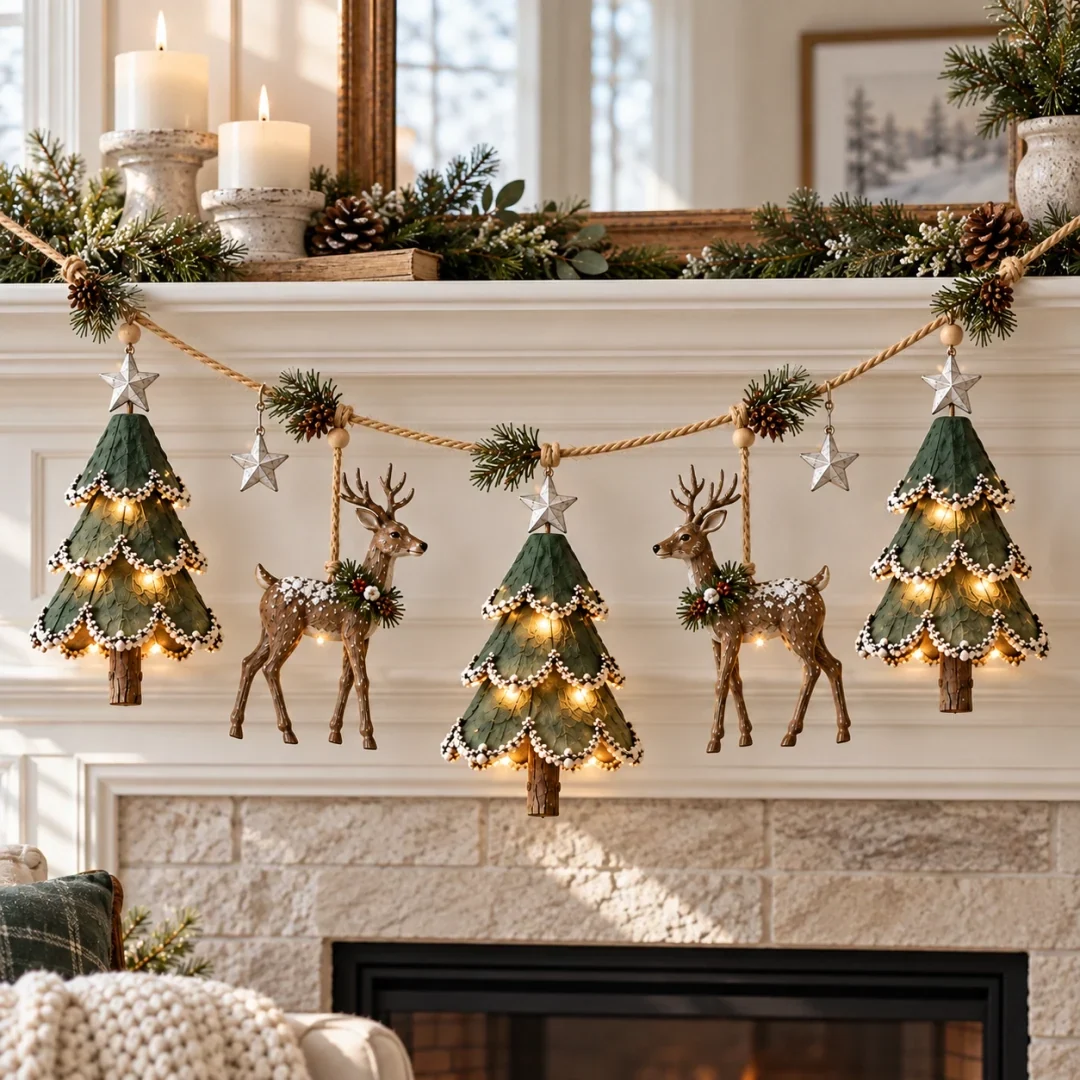 Handmade lighted woodland Christmas garland displayed across a mantel