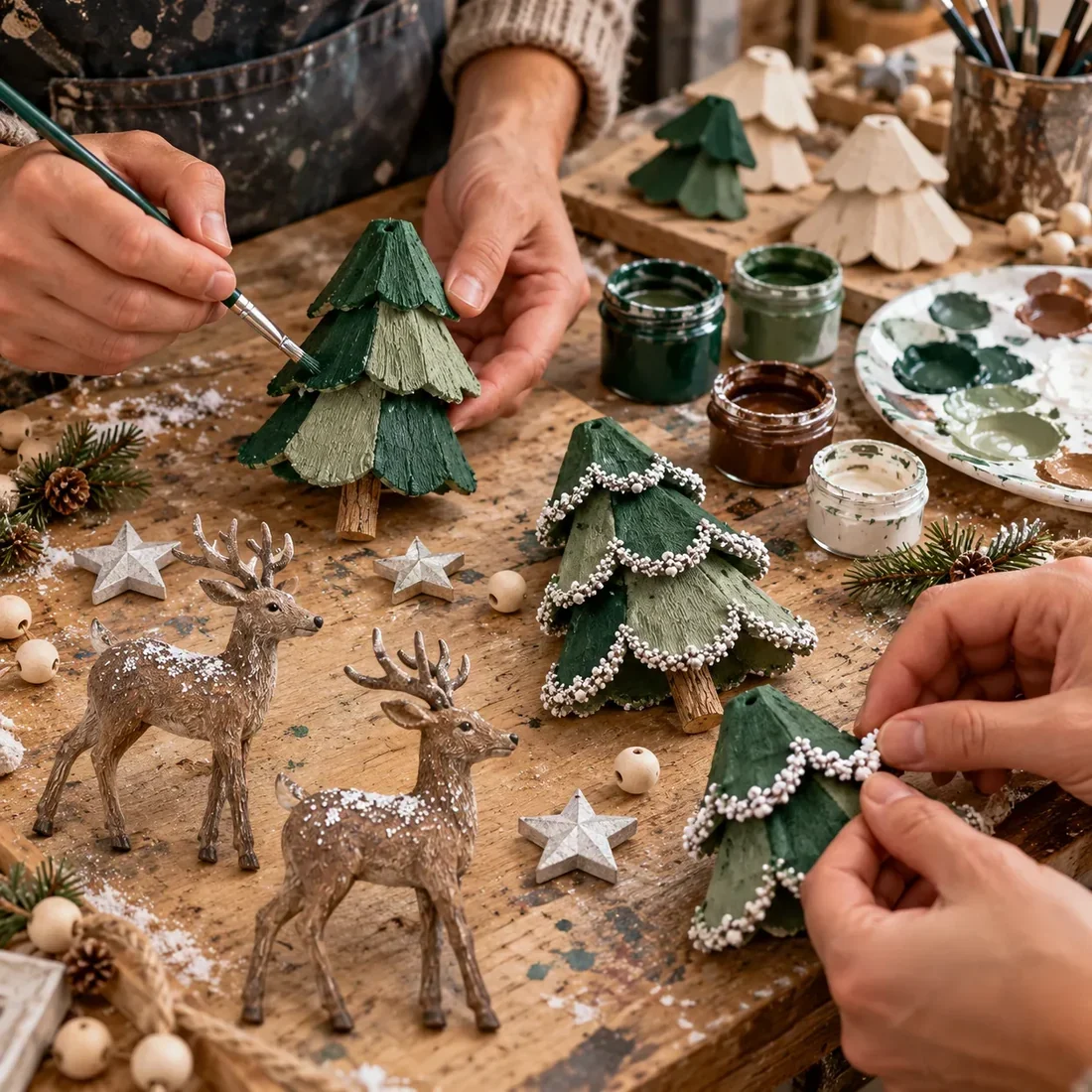 Hands painting the layered green trees and applying decorative trim at a craft table