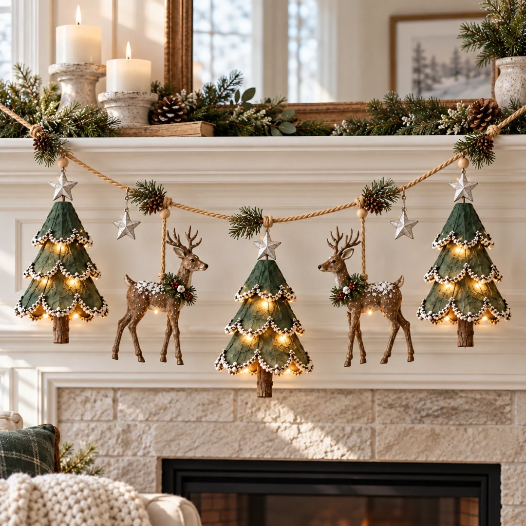Handmade lighted woodland Christmas garland displayed across a mantel