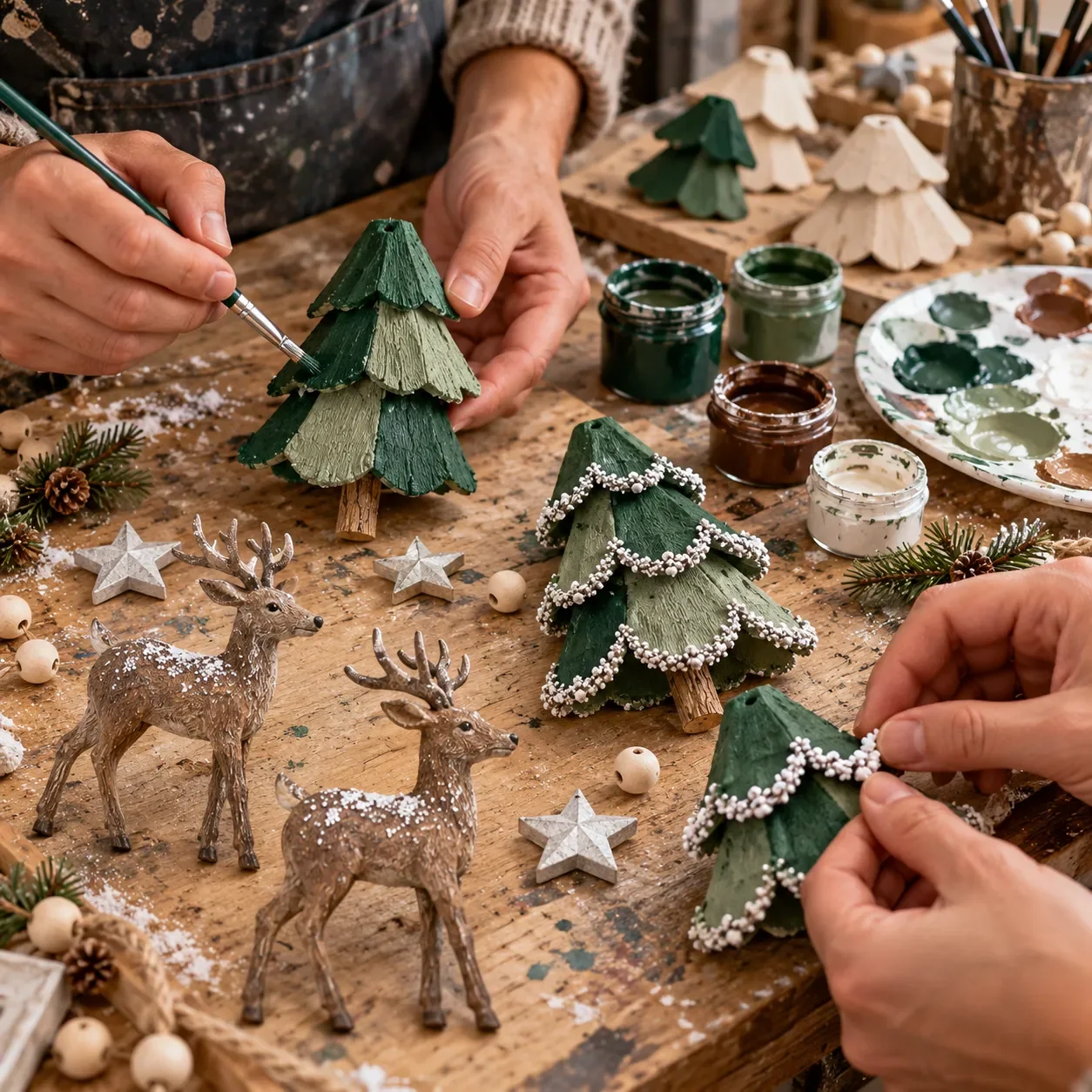 Hands painting the layered green trees and applying decorative trim at a craft table