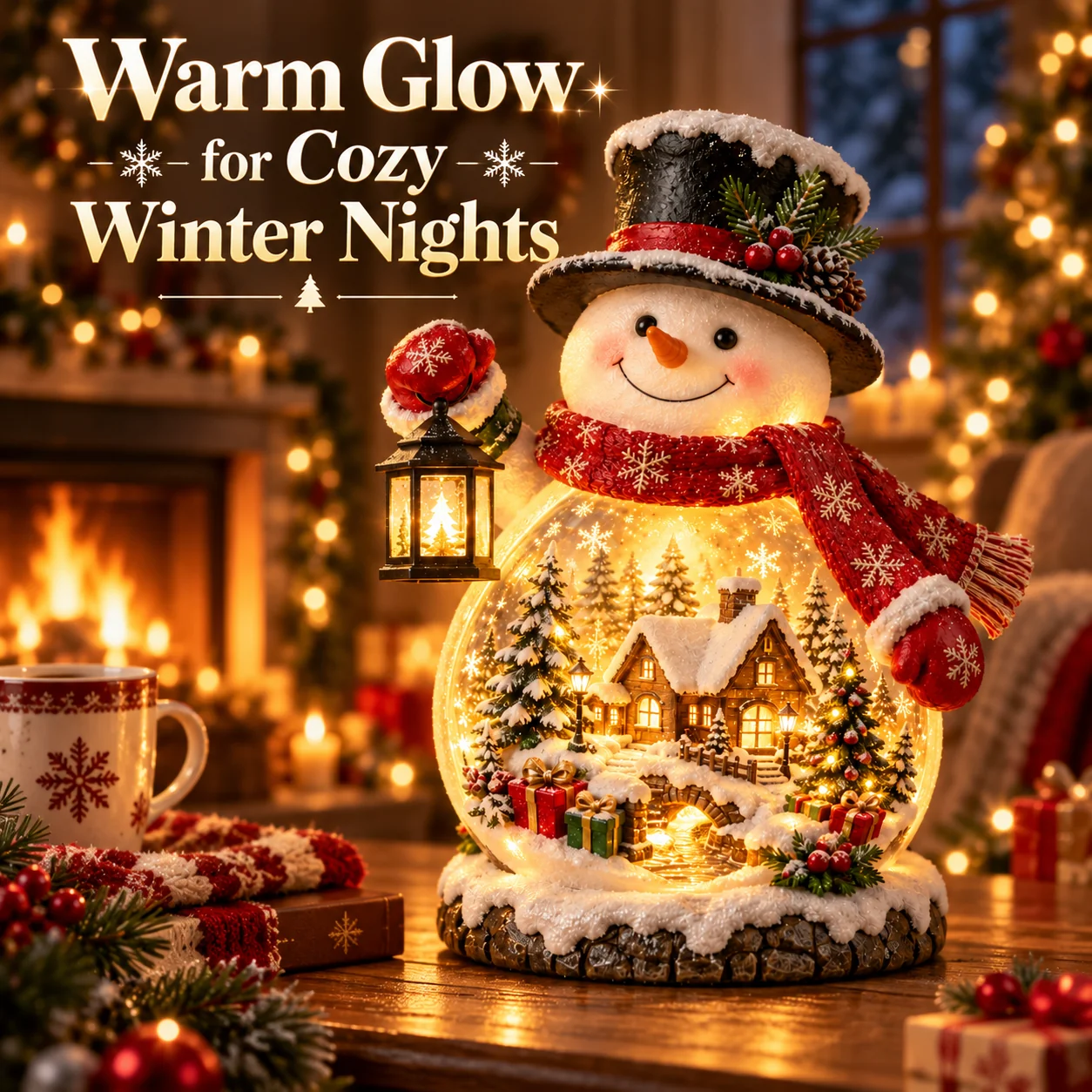 Lighted Christmas snowman village displayed near a fireplace at night