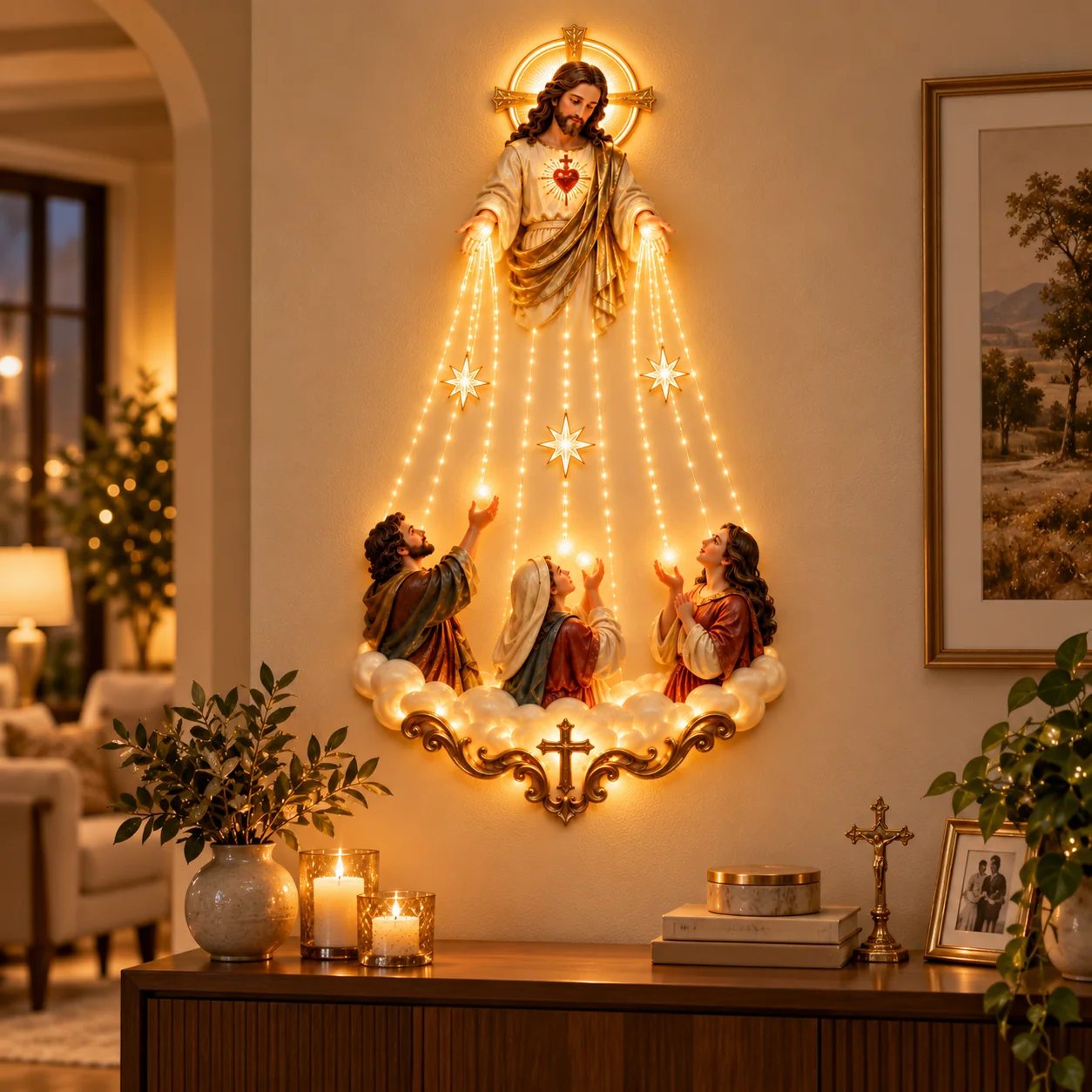 Sacred Heart Jesus wall light displayed above a console table