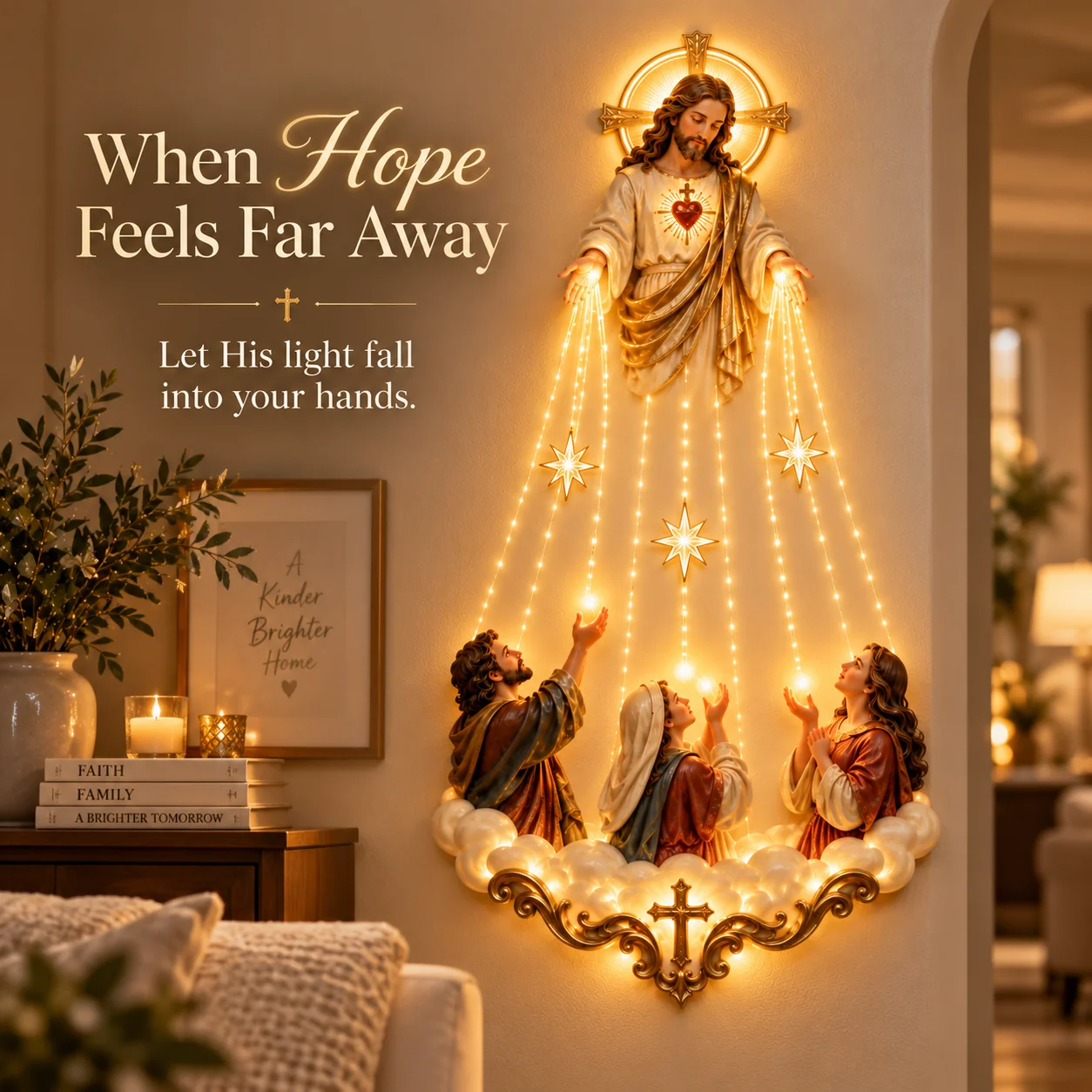 Light of Hope Sacred Heart Jesus Wall Light glowing in a warm home