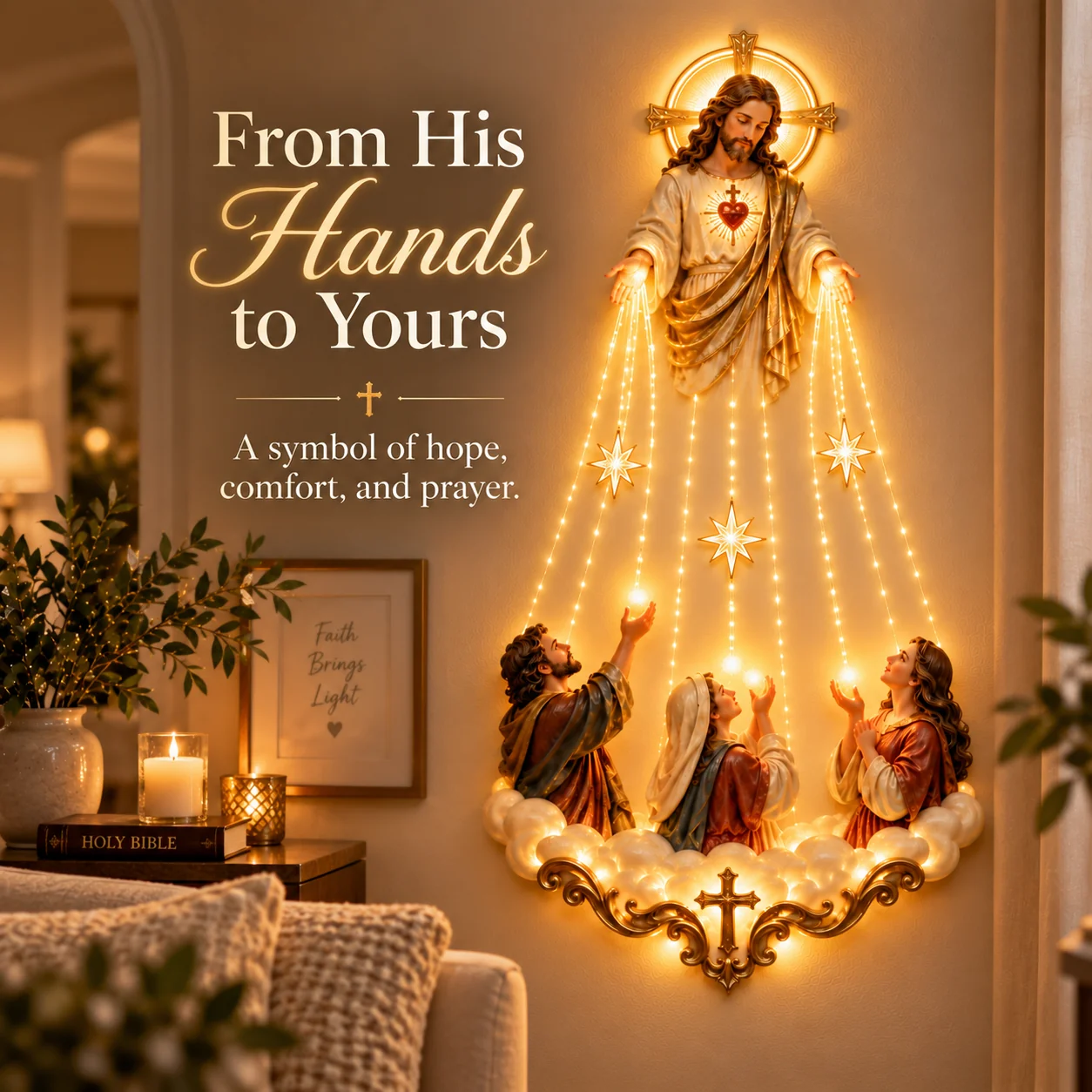 Jesus sending light toward believers with open hands