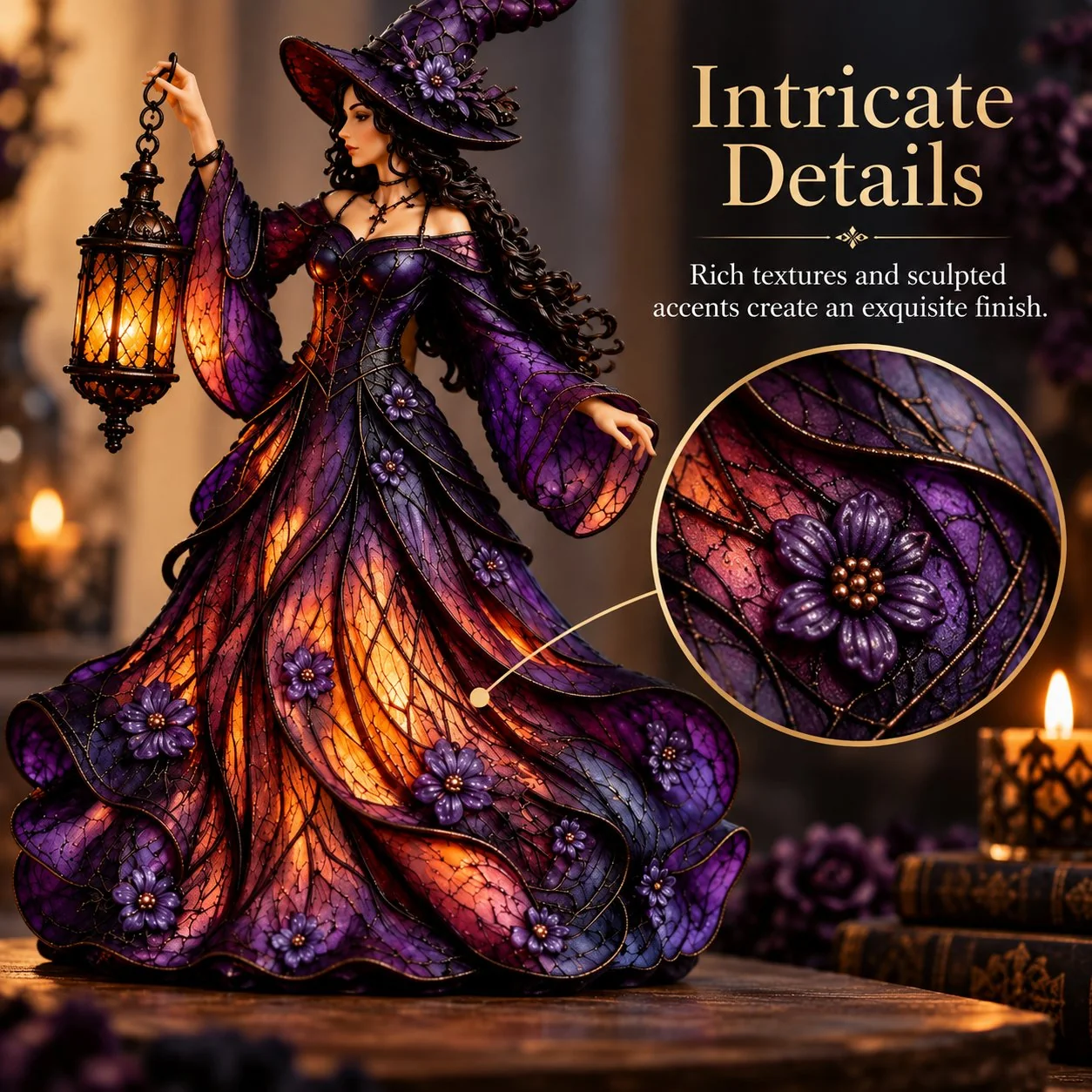 Close-up view of the witch figurine's sculpted dress and floral details