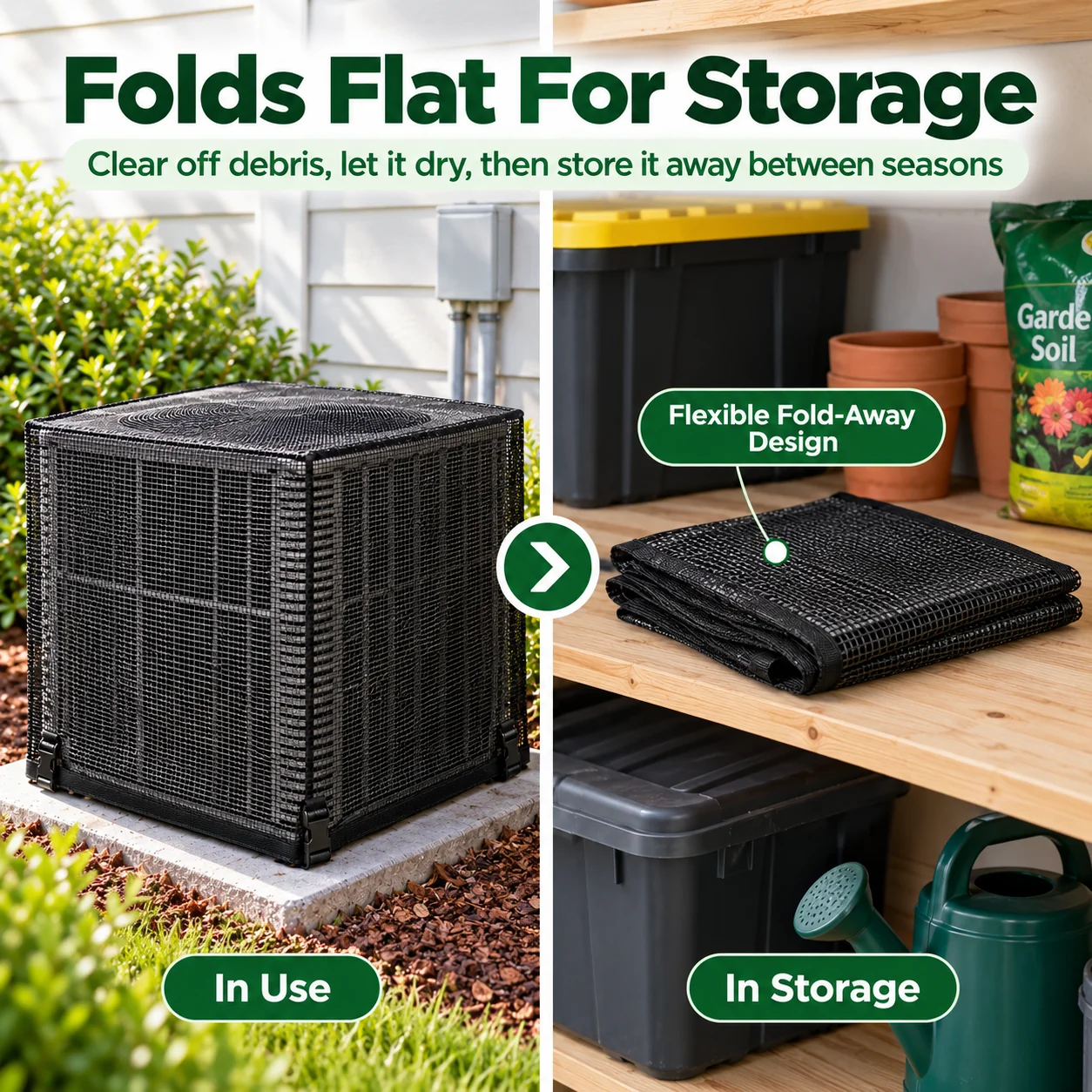 Flexible mesh cover folds flat for between-season storage