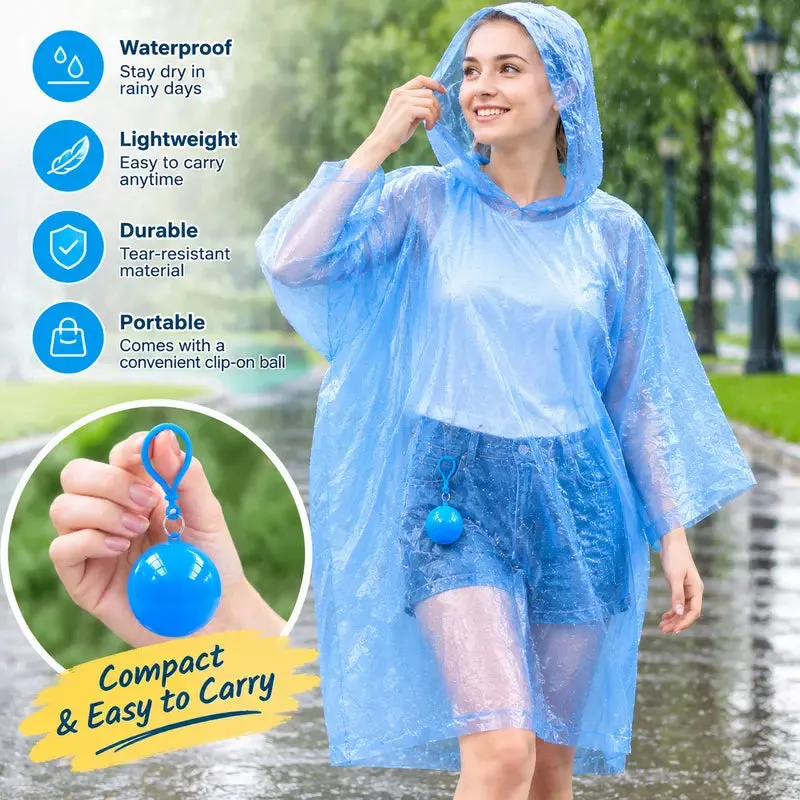 Compact waterproof hooded rain poncho with clip-on carry ball