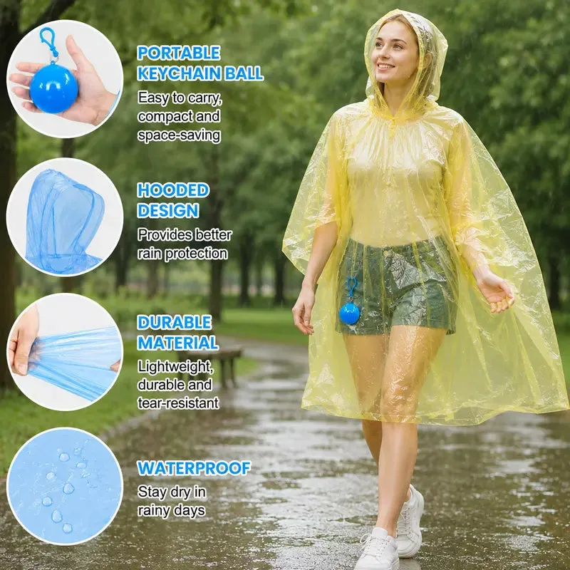 Yellow hooded rain poncho worn outdoors with portable keychain ball details