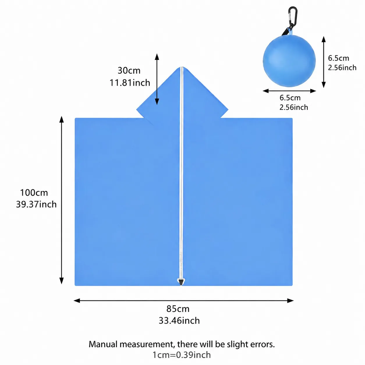 Blue rain poncho size and compact keychain ball measurement