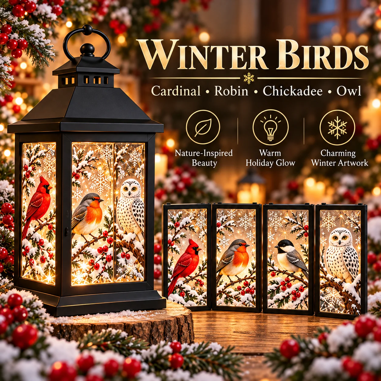 Winter Birds interchangeable lantern panels