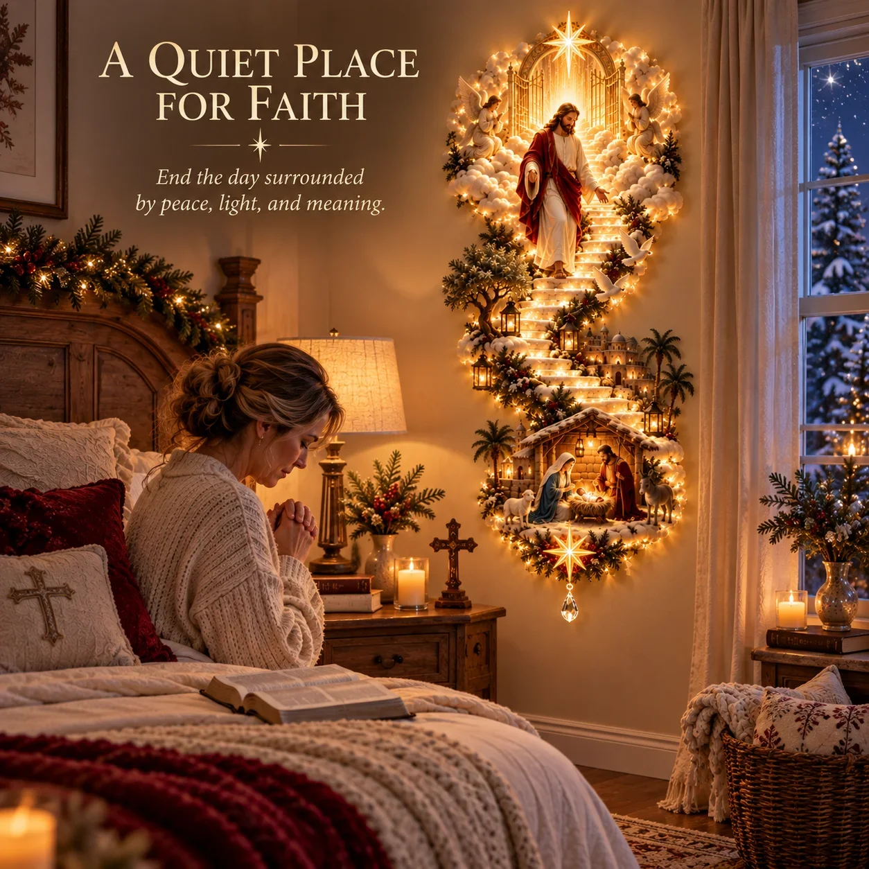 Woman praying in a cozy bedroom beside a glowing Jesus Christmas wall hanging