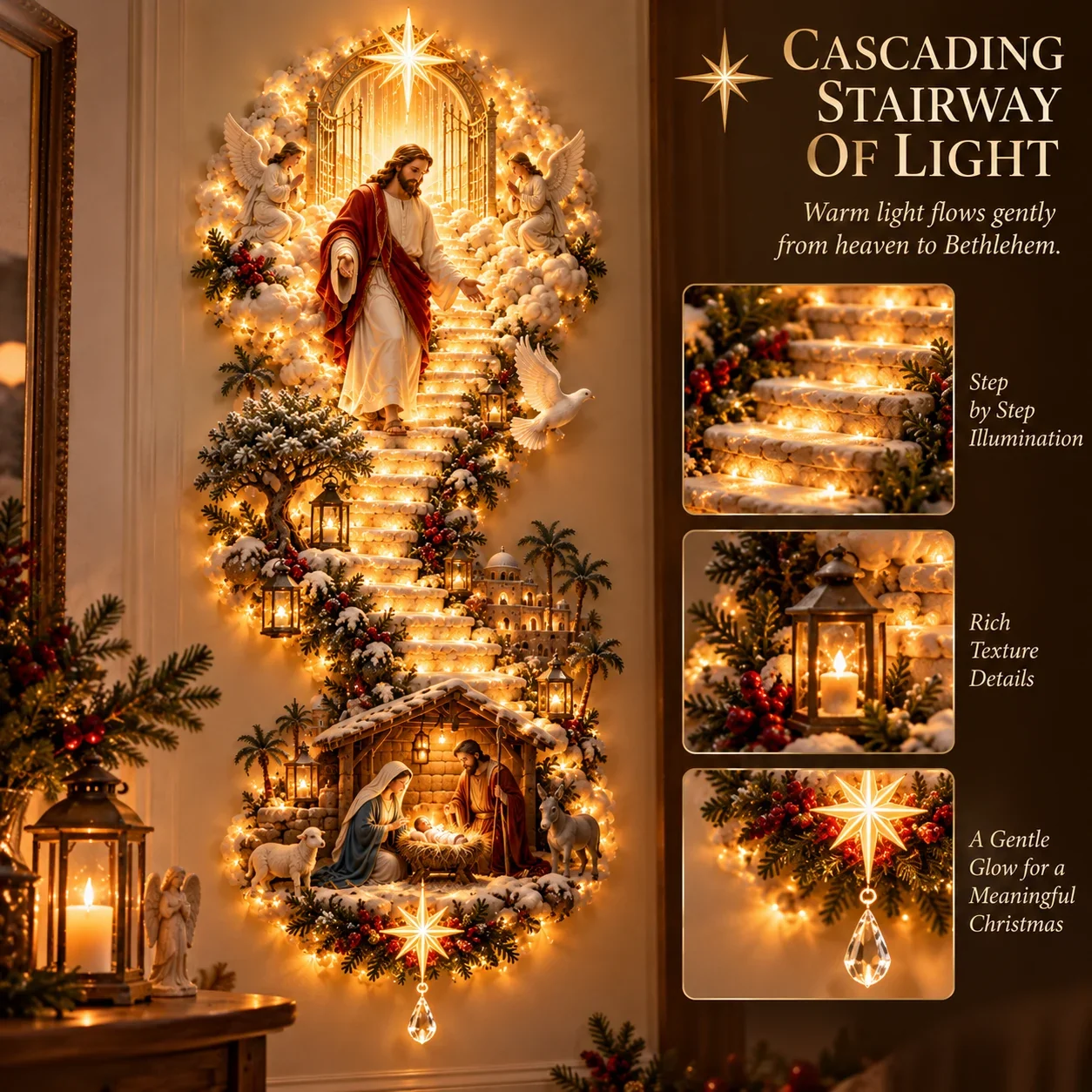 Decorative illuminated stairway detail and festive lantern accents