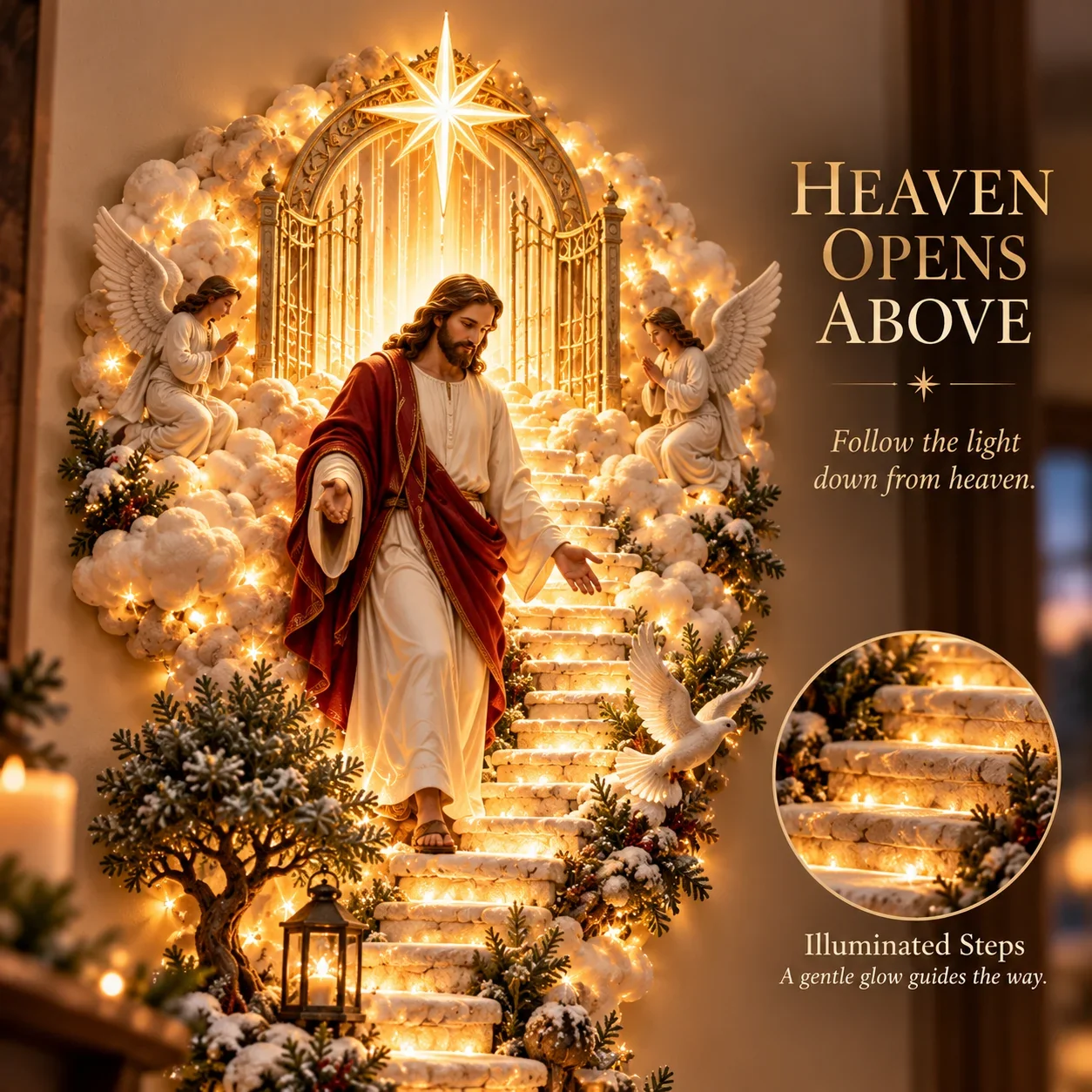 Jesus standing on an illuminated stairway beneath heavenly gates and angels