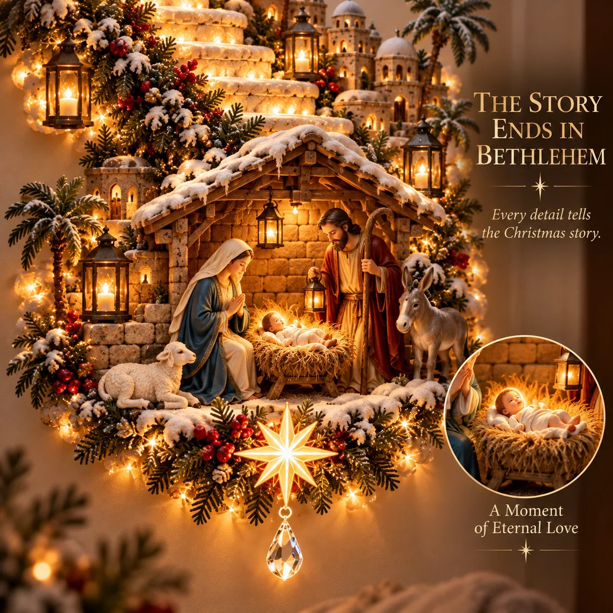 Nativity scene featuring Mary, Joseph and baby Jesus at the base of the Christmas stairway