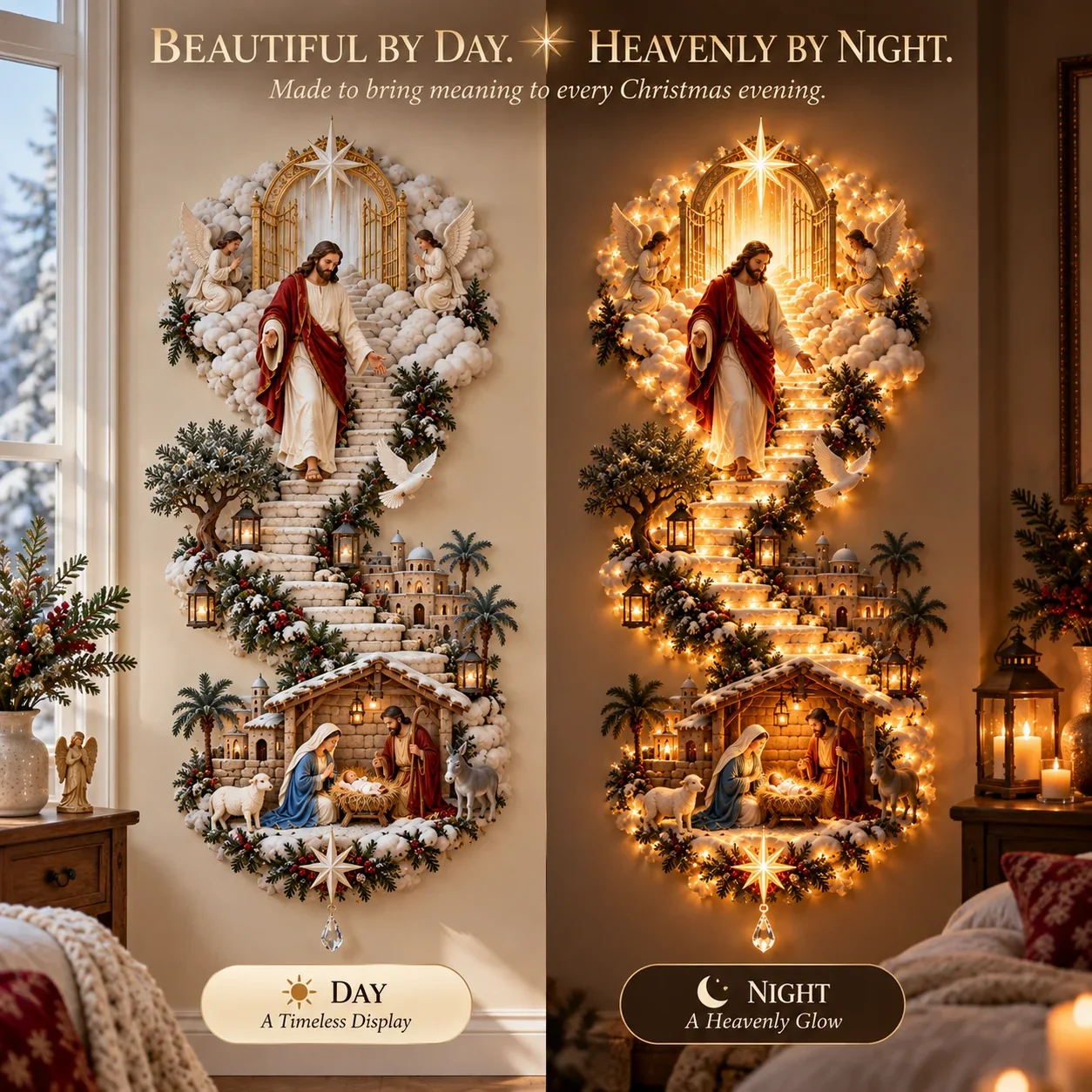 Day and night comparison of the Jesus Nativity illuminated Christmas wall decoration