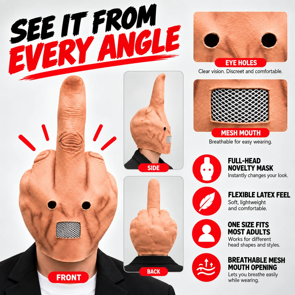 FINGERIK full head mask front side and back views