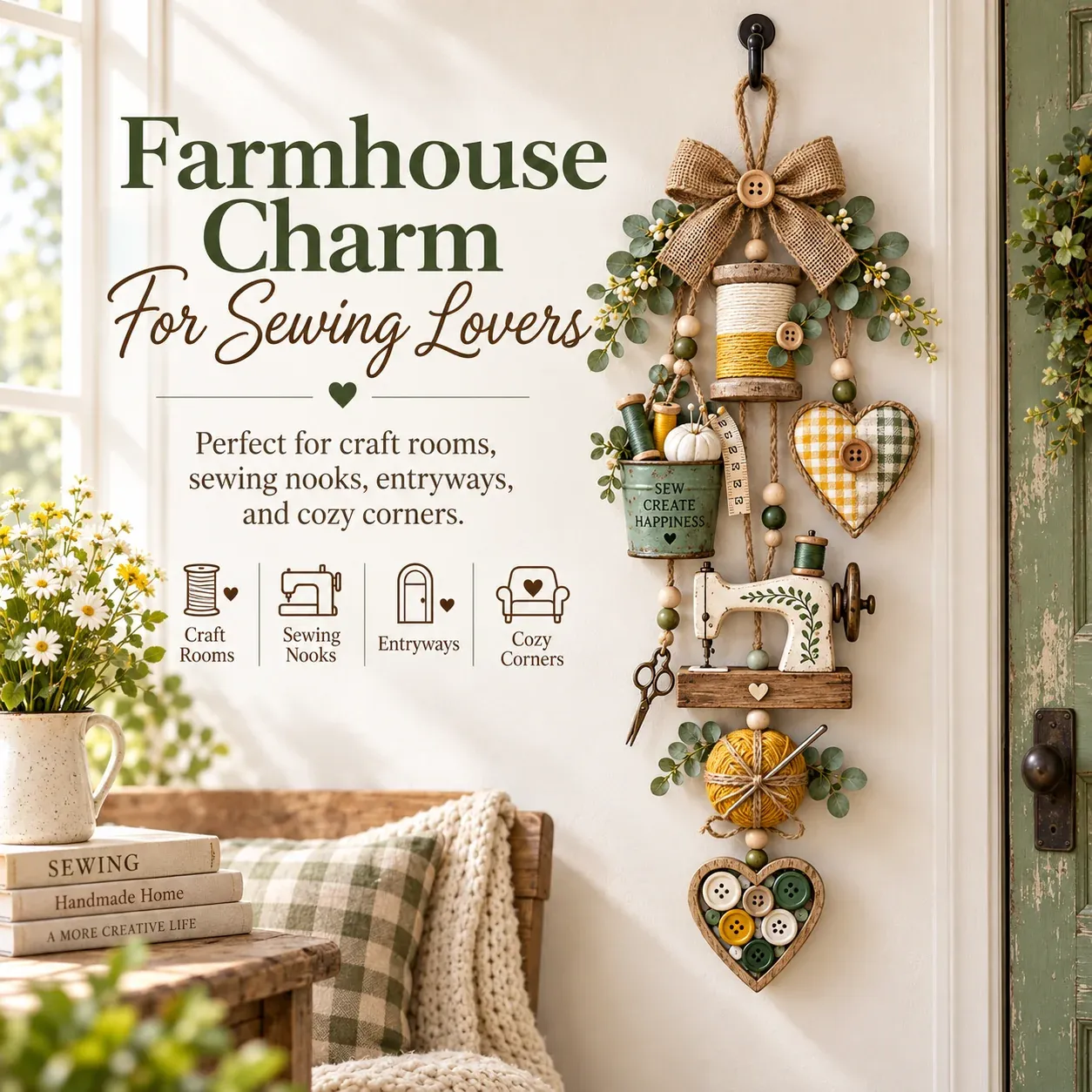 Farmhouse sewing ornament in a craft room and cozy home setting