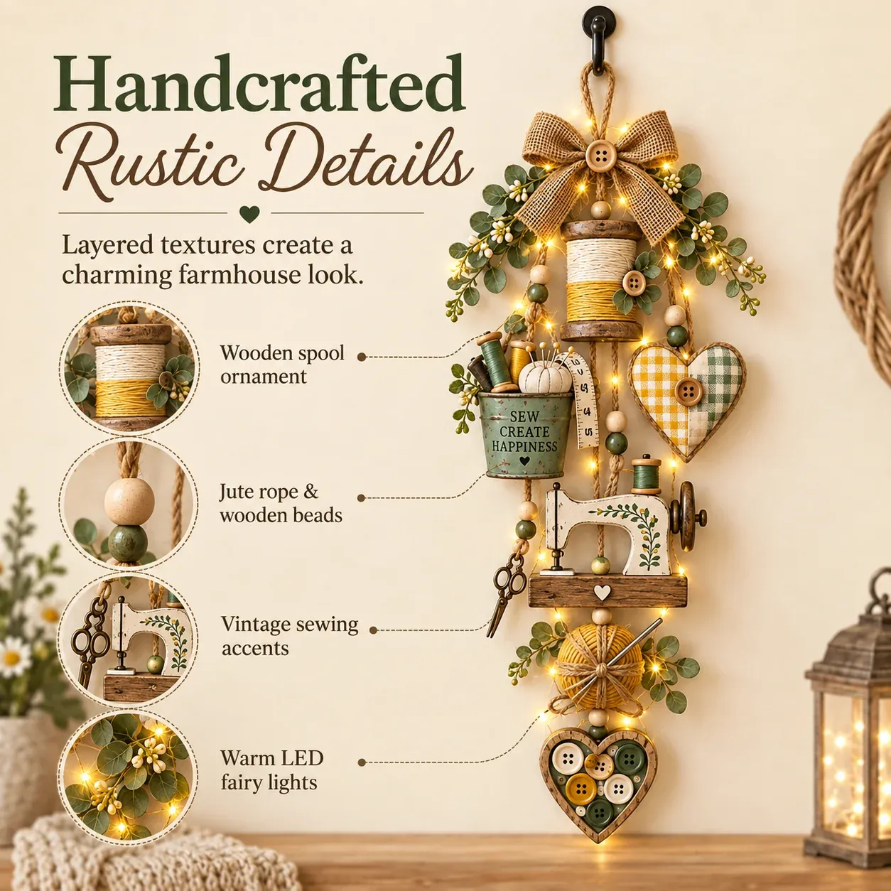 Close-up of spool jute rope wooden beads sewing machine yarn and warm lights